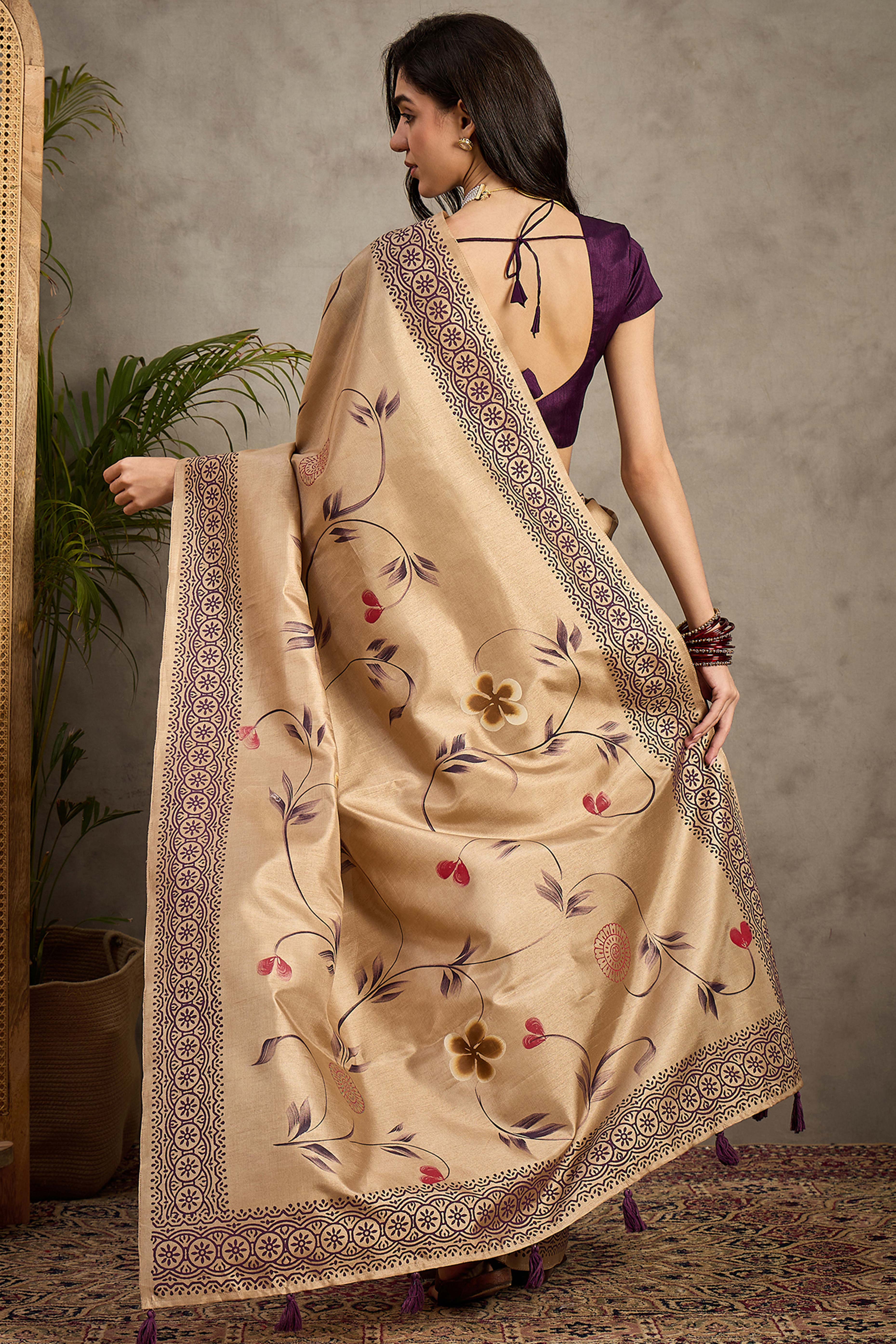 Classic Beige Floral Printed Kozi Cotton Silk Saree With Chic Tassel Embellishment Pallu