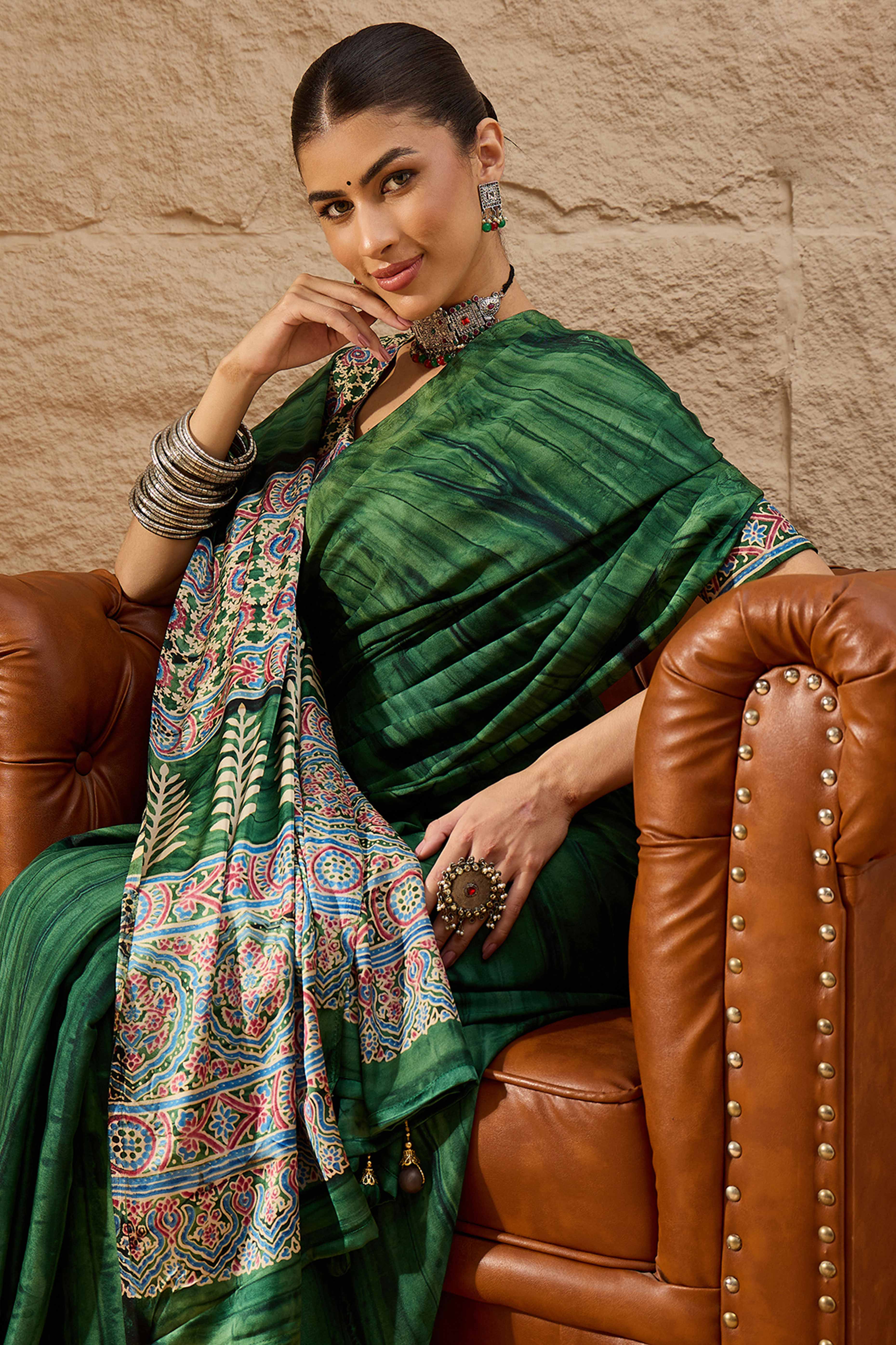 Ajrakh Print Green Satin Saree with Ethnic Appeal