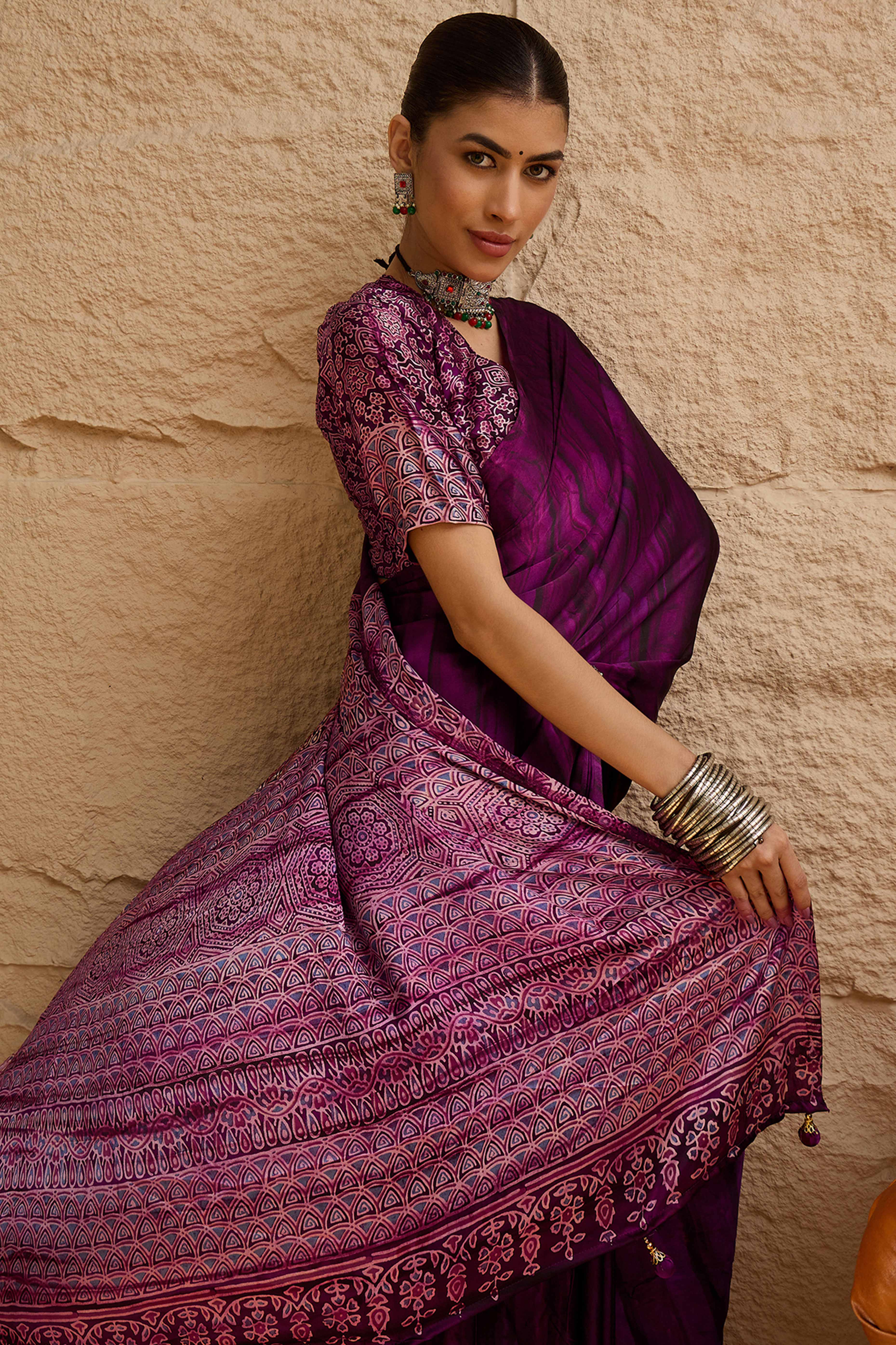 Ajrakh Print Purple Satin Saree with Ethnic Appeal