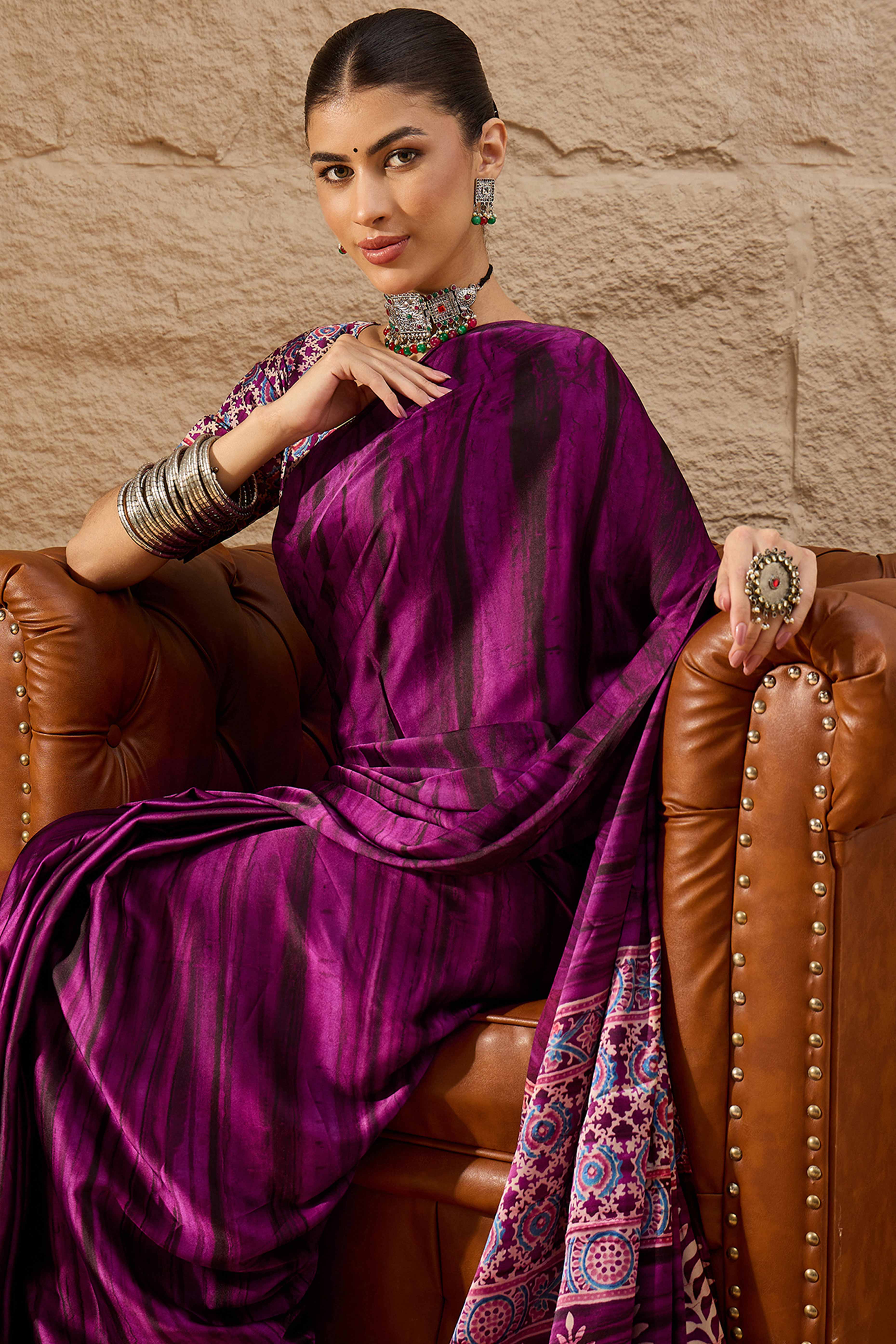 Ajrakh Print on Pallu Purple Satin Saree with Ethnic Appeal