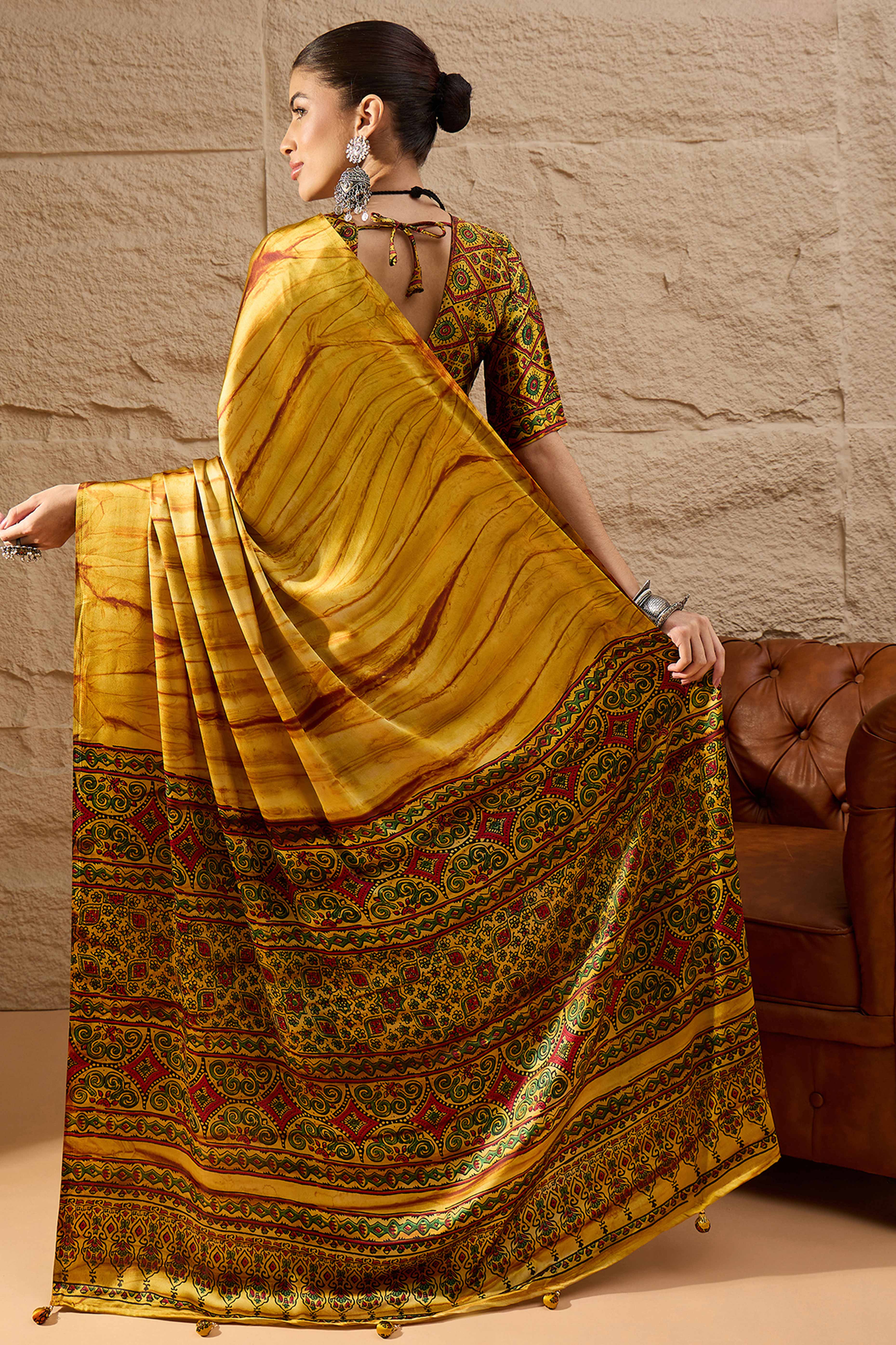 Ajrakh Print Mustard Satin Saree with Ethnic Appeal