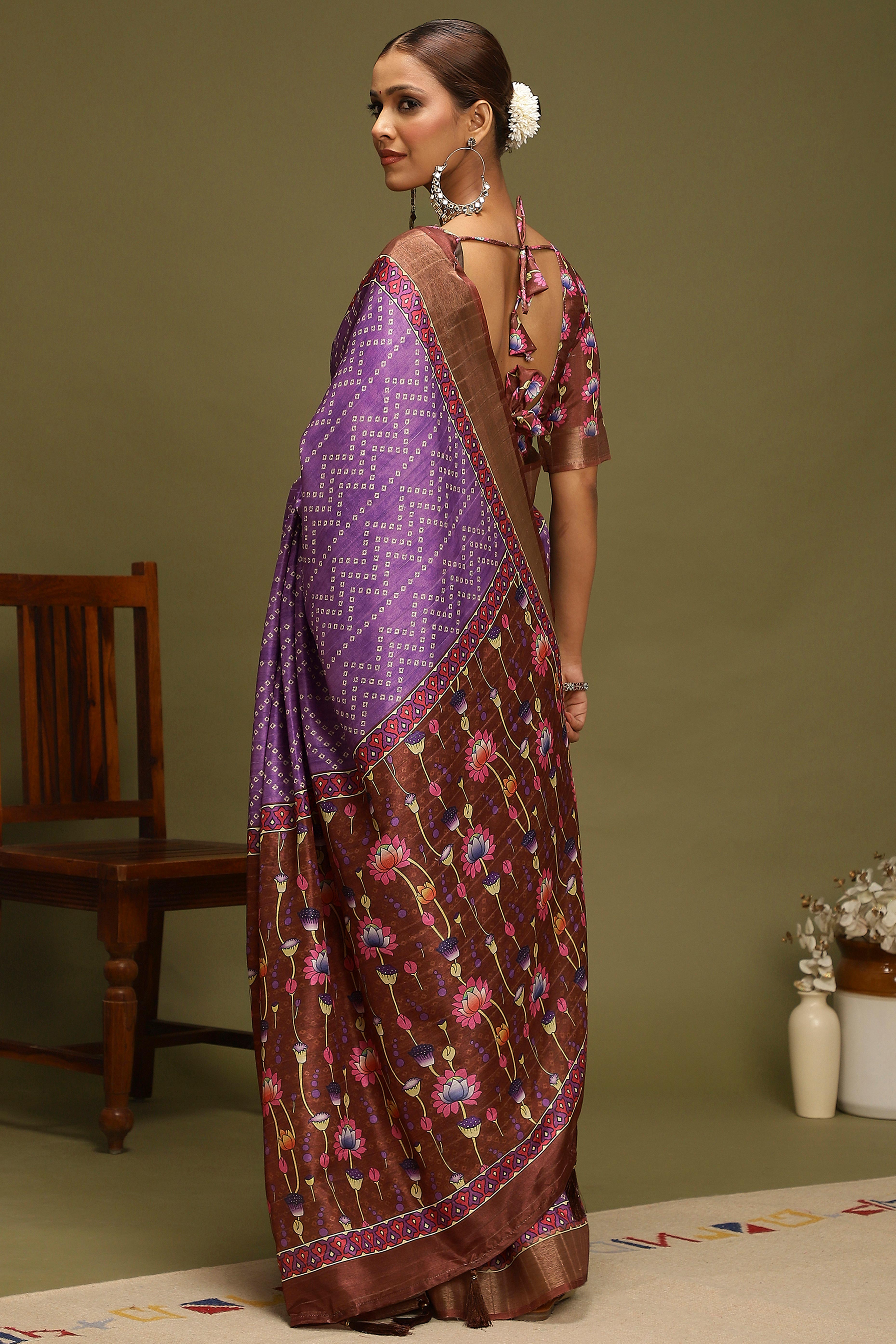 Purple Silk Blend Saree Decorated with Vibrant Bandhani Prints and Festive Detailing