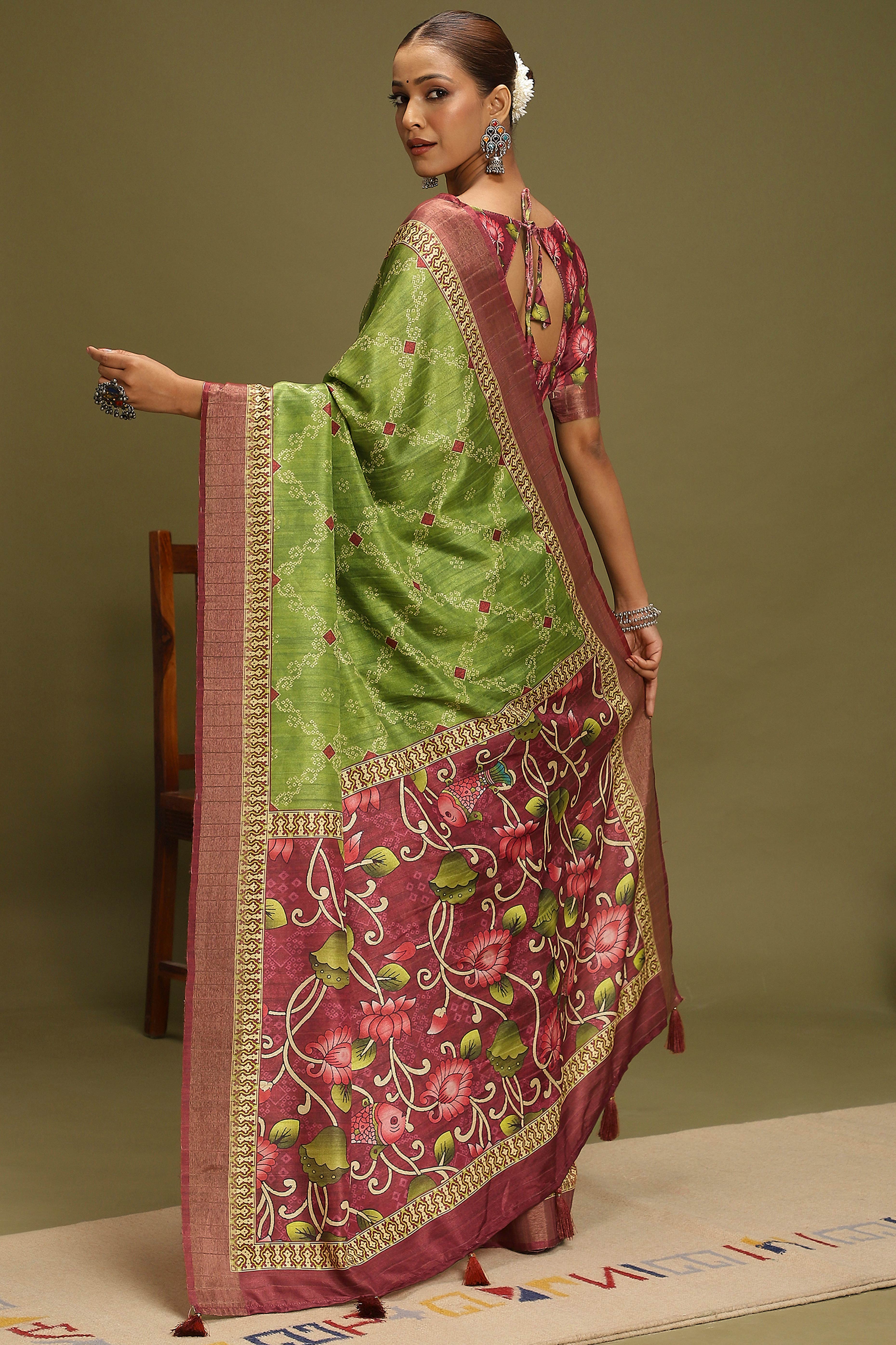 Green Silk Blend Saree Decorated with Vibrant Bandhani Prints and Festive Detailing