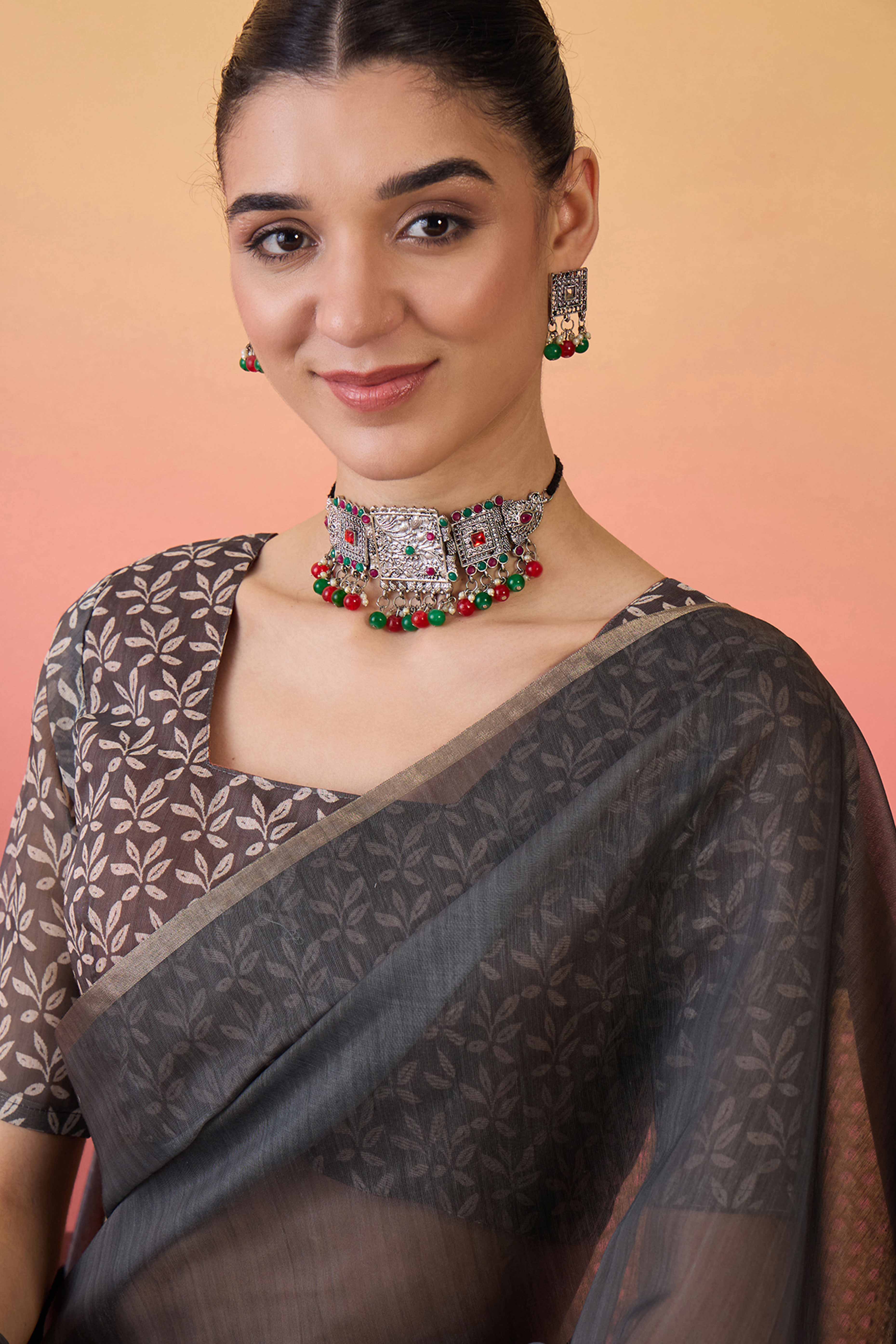 Dark Grey Linen Cotton Saree Featuring Elegant Floral & Bird Prints With Tassel Pallu