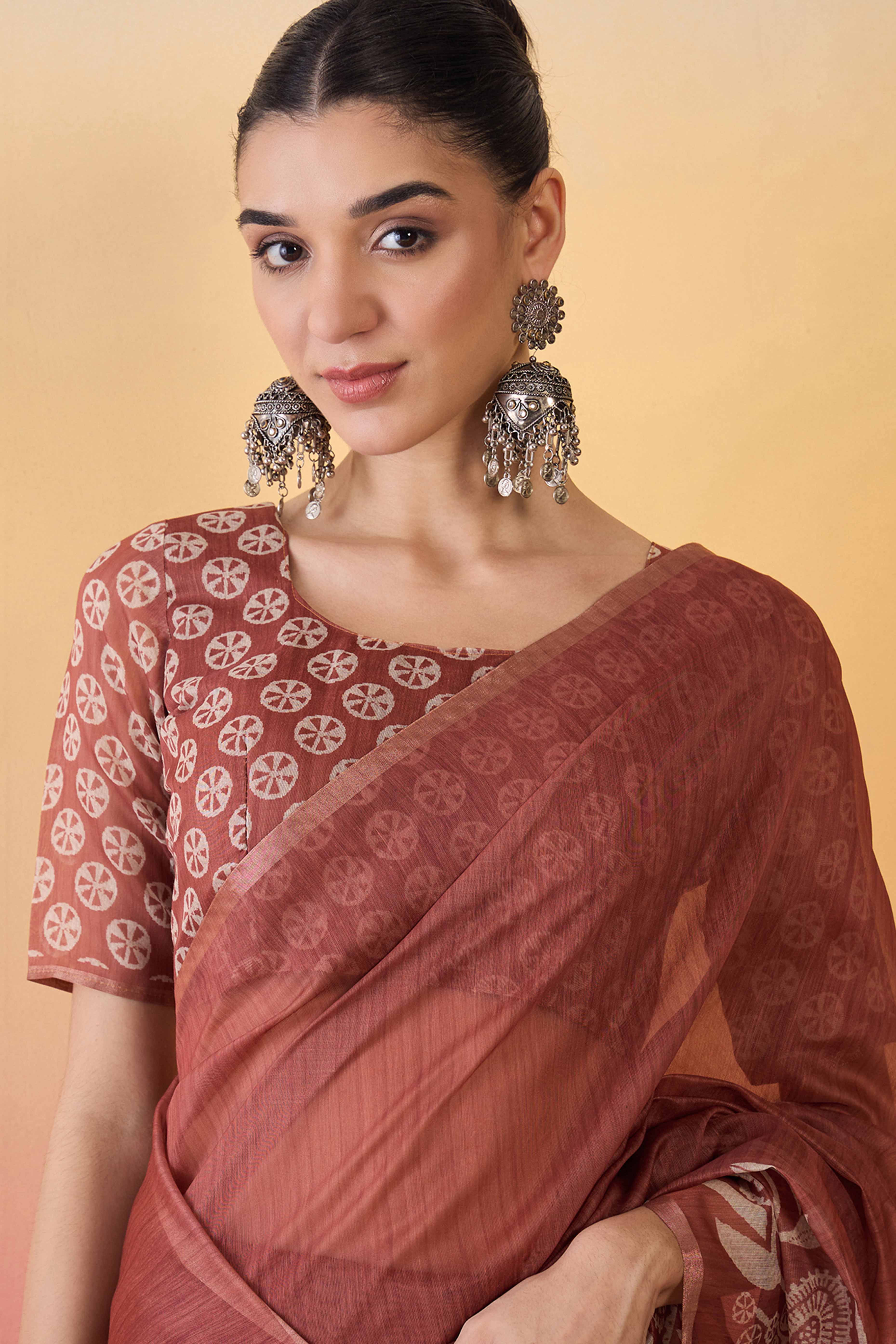 Rust Brown Linen Cotton Saree Featuring Elegant Floral & Bird Prints With Tassel Pallu