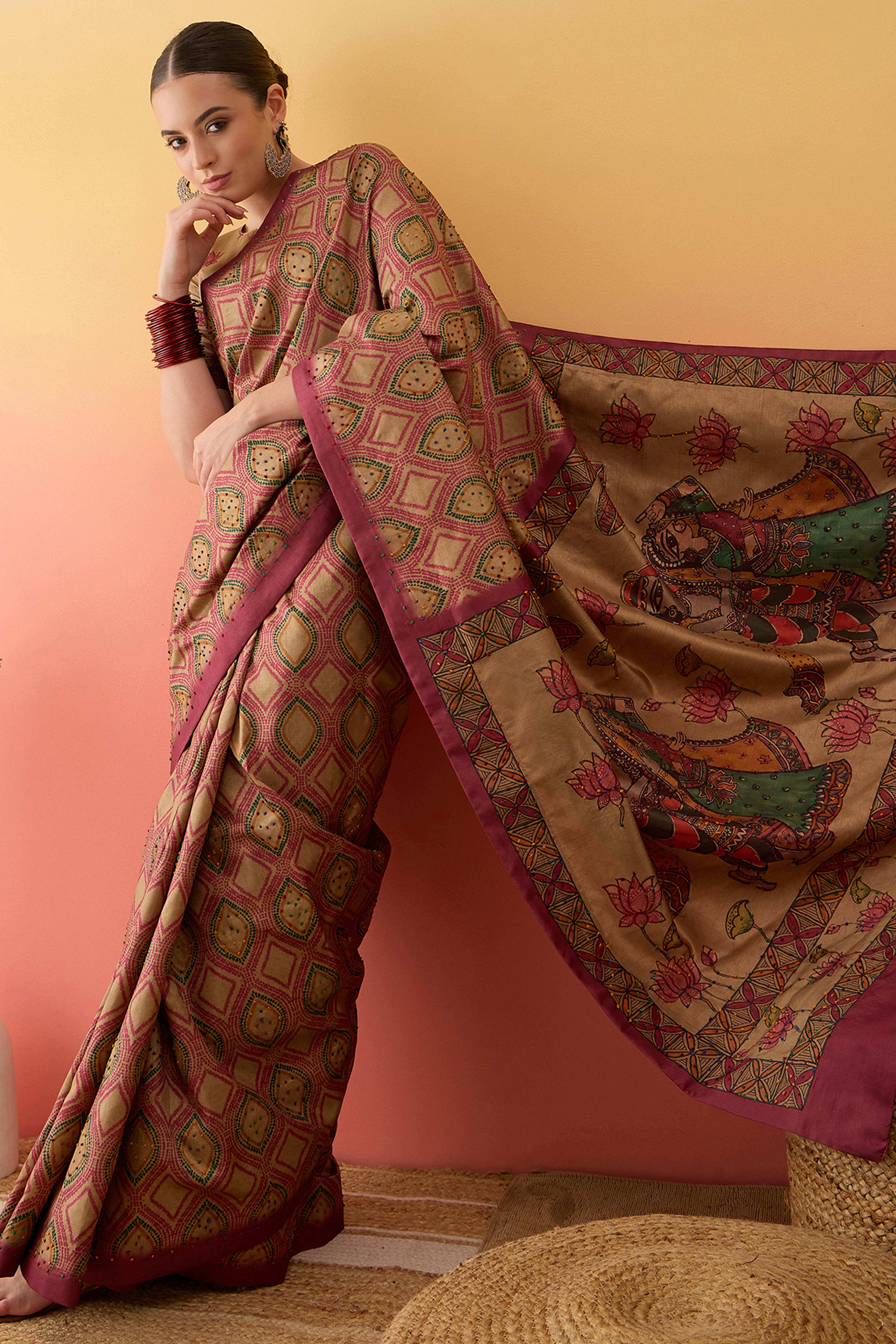 Beige Kalamkari Style Printed Cotton Silk Saree Knot Work Tassels Ethnic Wear