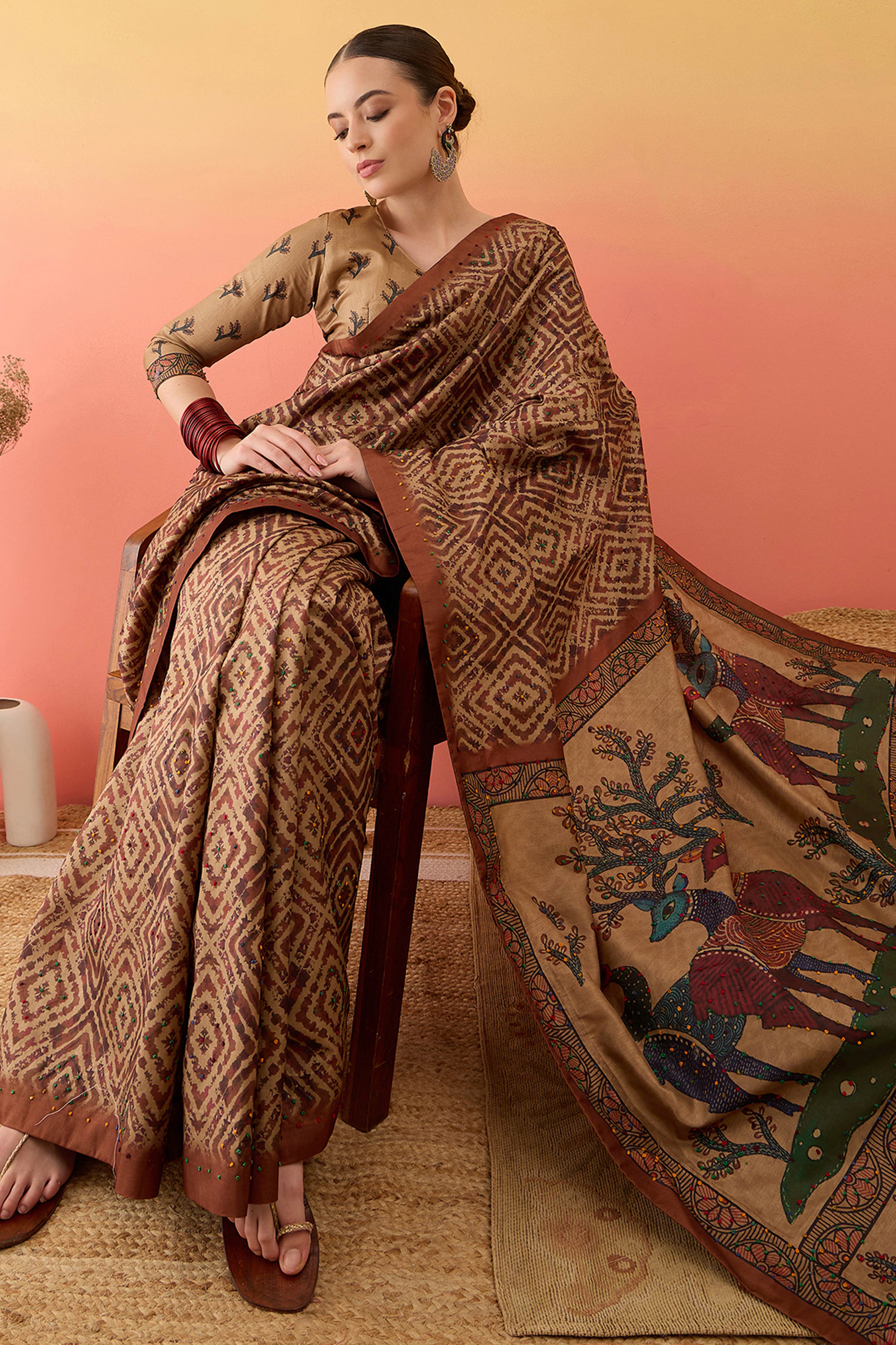 Beige Cotton Silk Saree Traditional Kalamkari Style Print Knot Work Ethnic Elegance