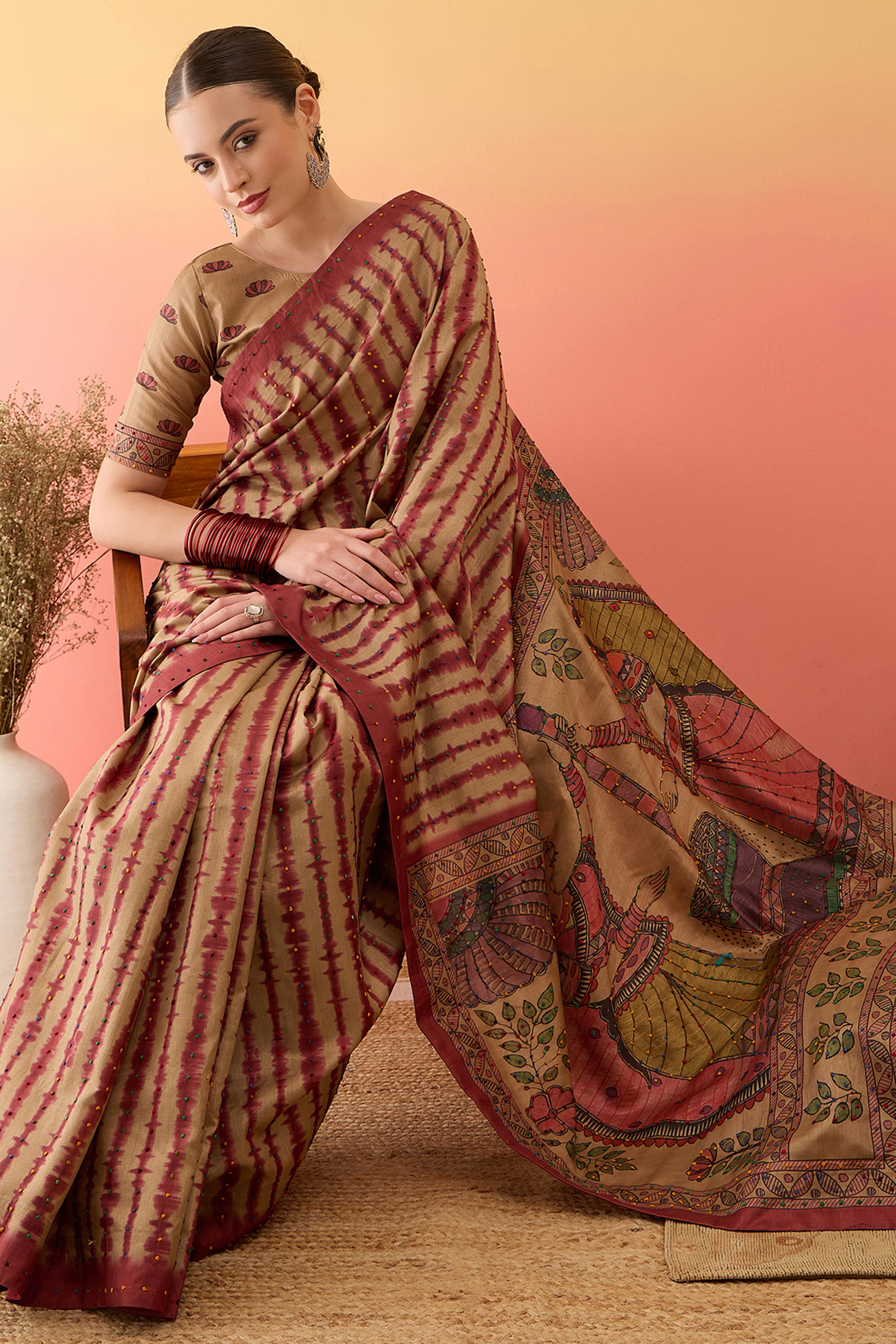 Beige Kalamkari Style Cotton Silk Saree Flowy Drape Knot Tassels Festive Wear