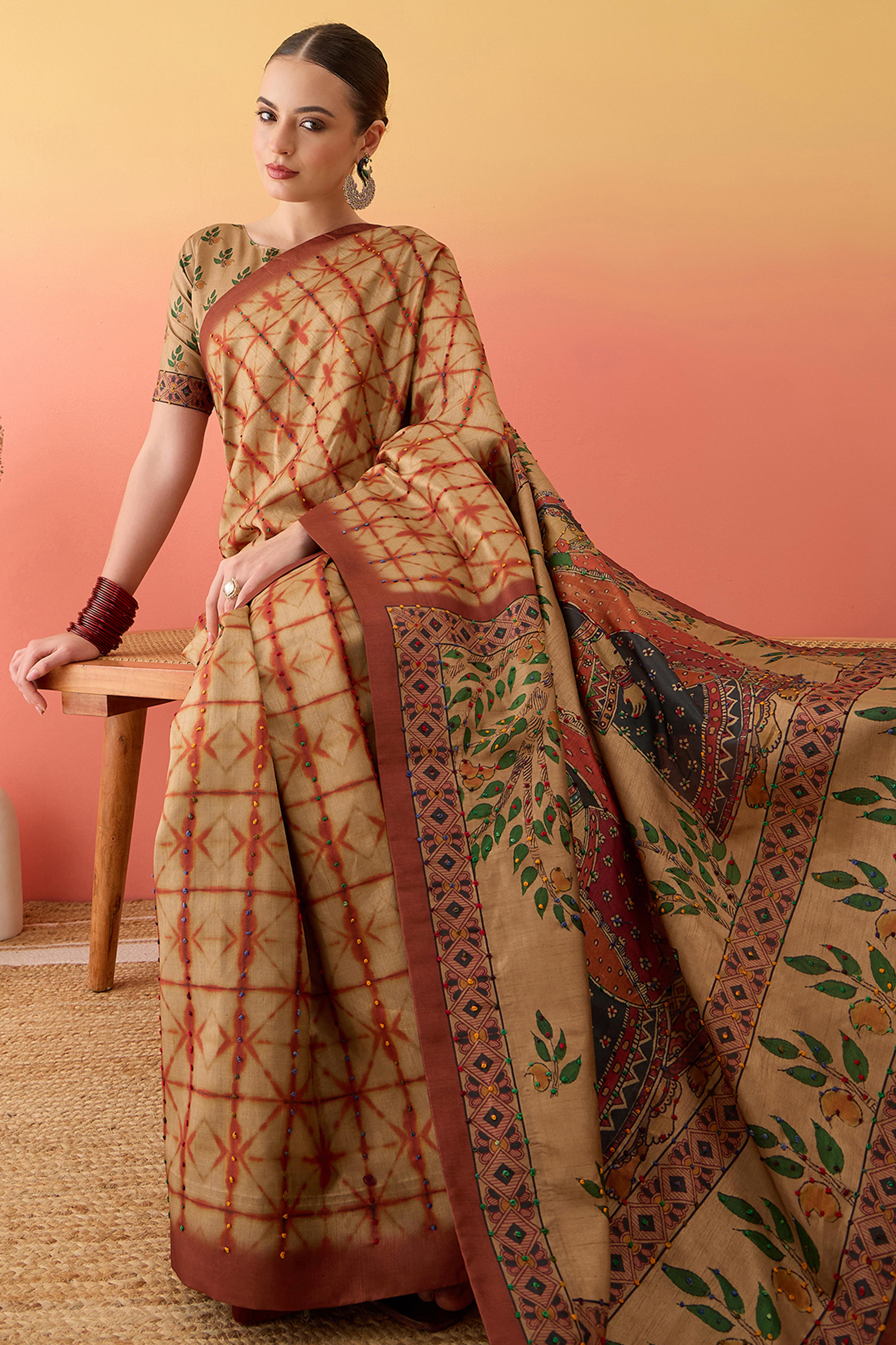 Beige Printed Kalamkari Cotton Silk Saree Flowy Drape Knot Detailing Traditional Grace