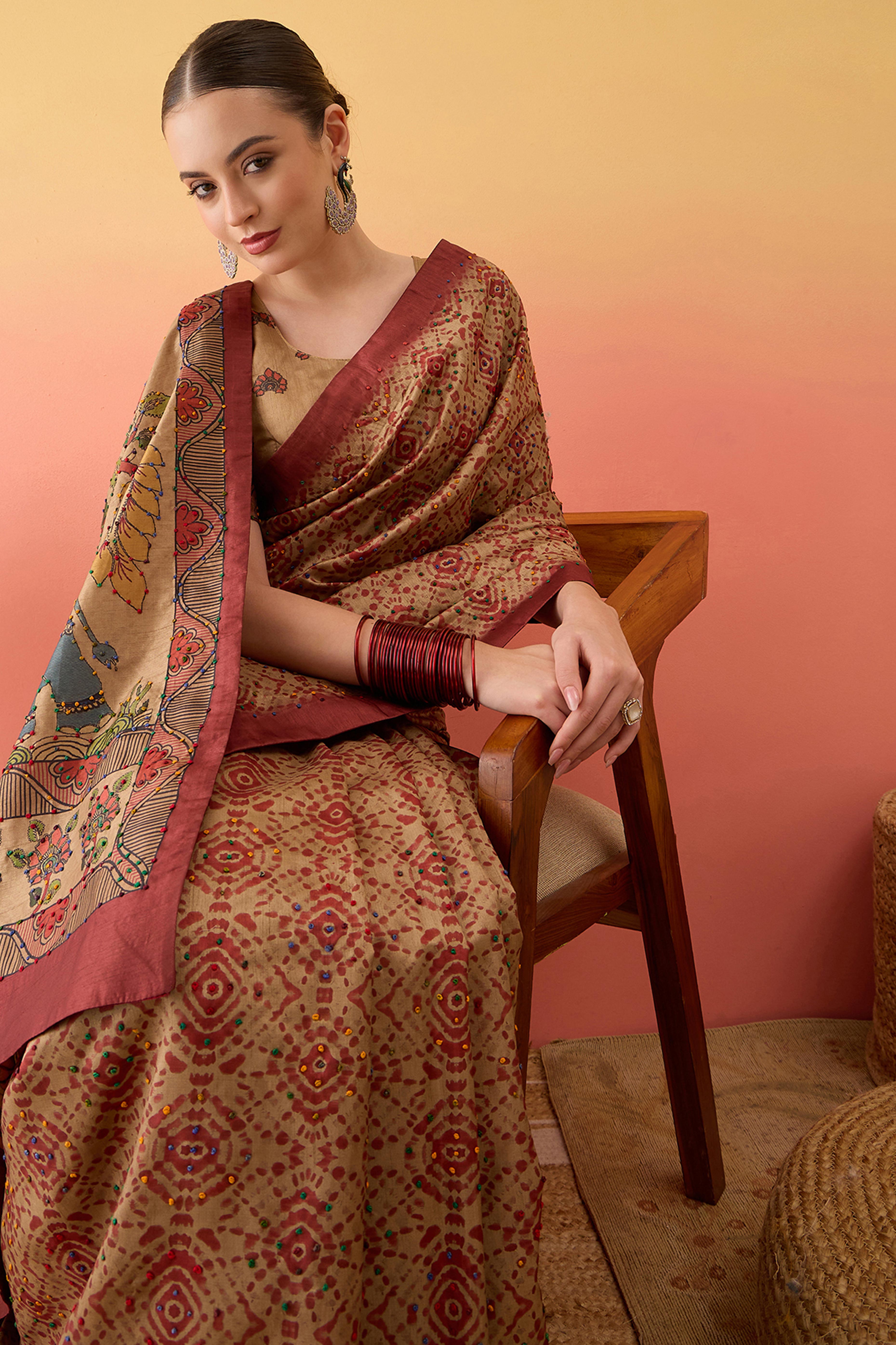 Beige Kalamkari Style Cotton Silk Saree Handcrafted Knot Work Border Ethnic Sophistication