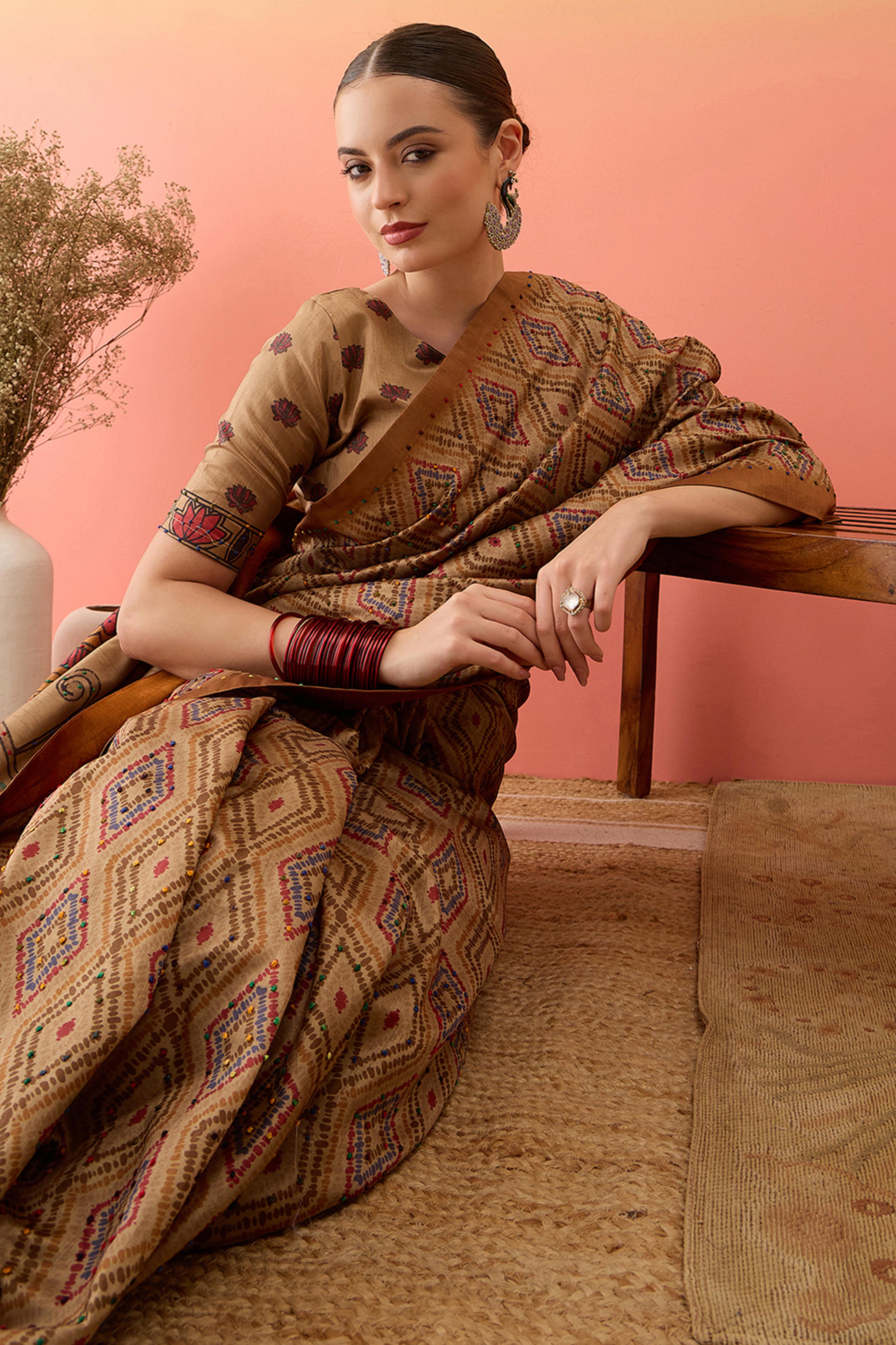 Beige Kalamkari Inspired Printed Cotton Silk Saree Intricate Knot Work Ethnic Artistry