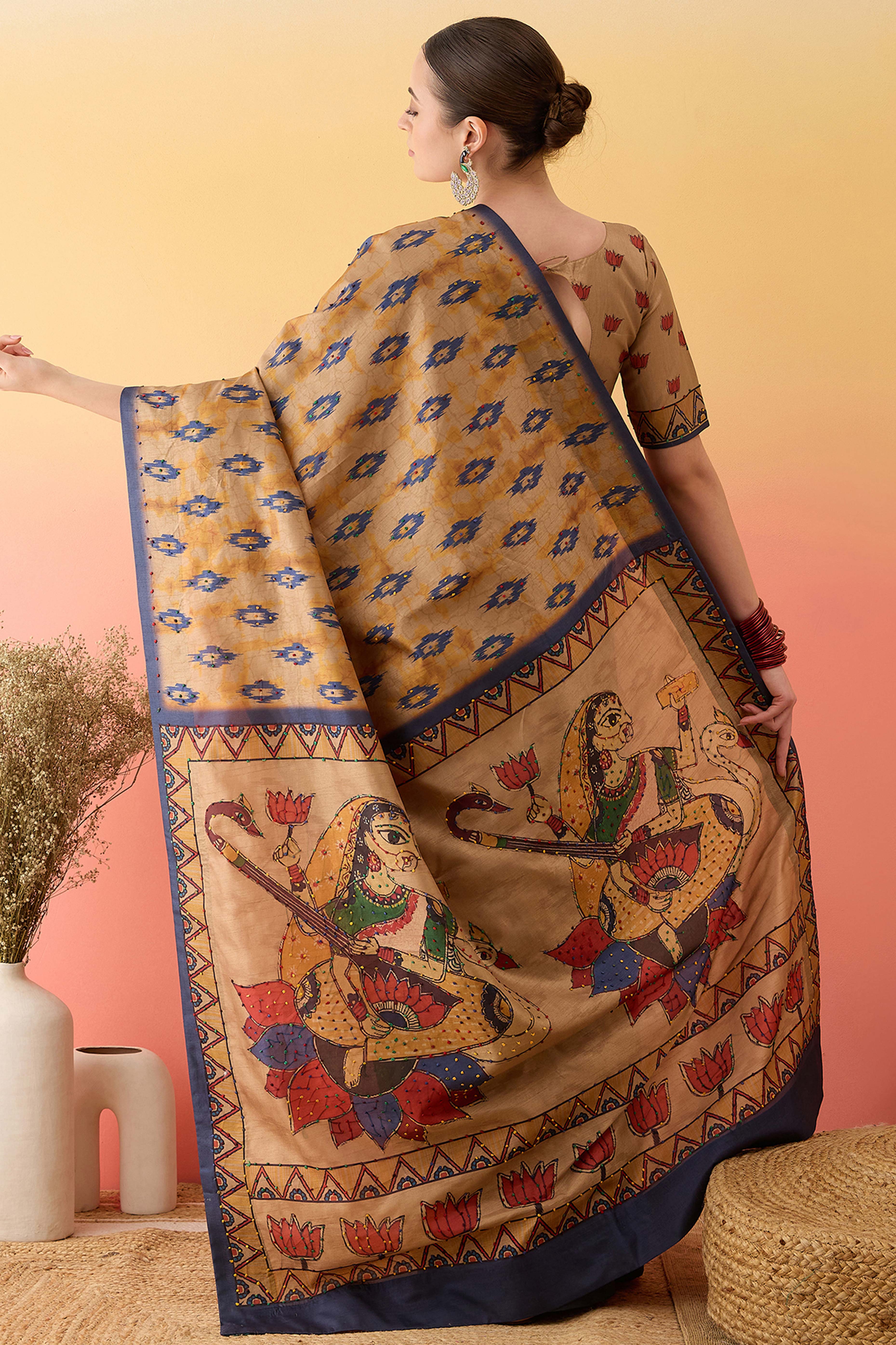 Beige Printed Kalamkari Cotton Silk Saree Exquisite Knot Work Detailing Ethnic Charm