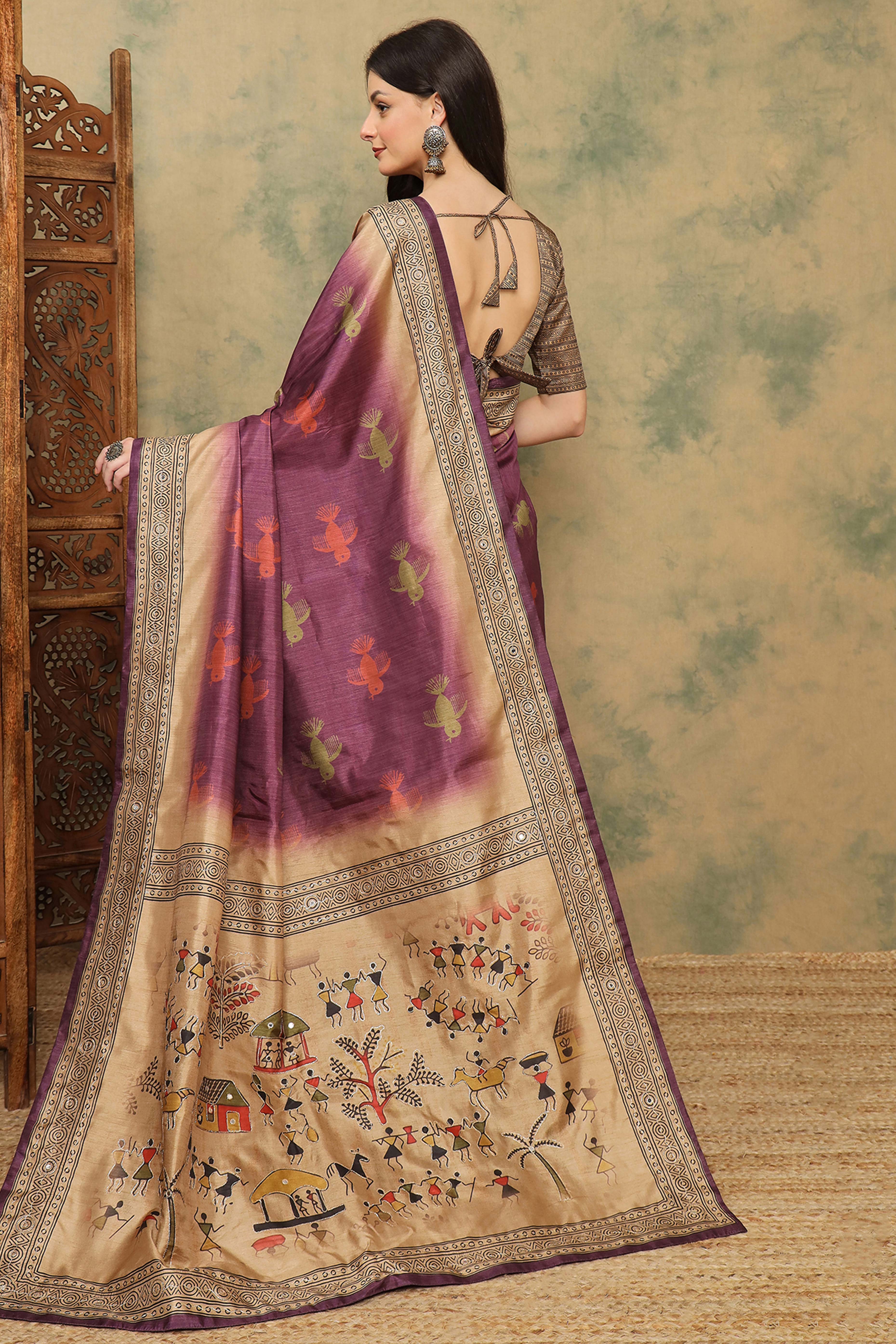 Wine Warli Folk Art Printed Cotton Silk Saree Flowy Drape Festive Wear