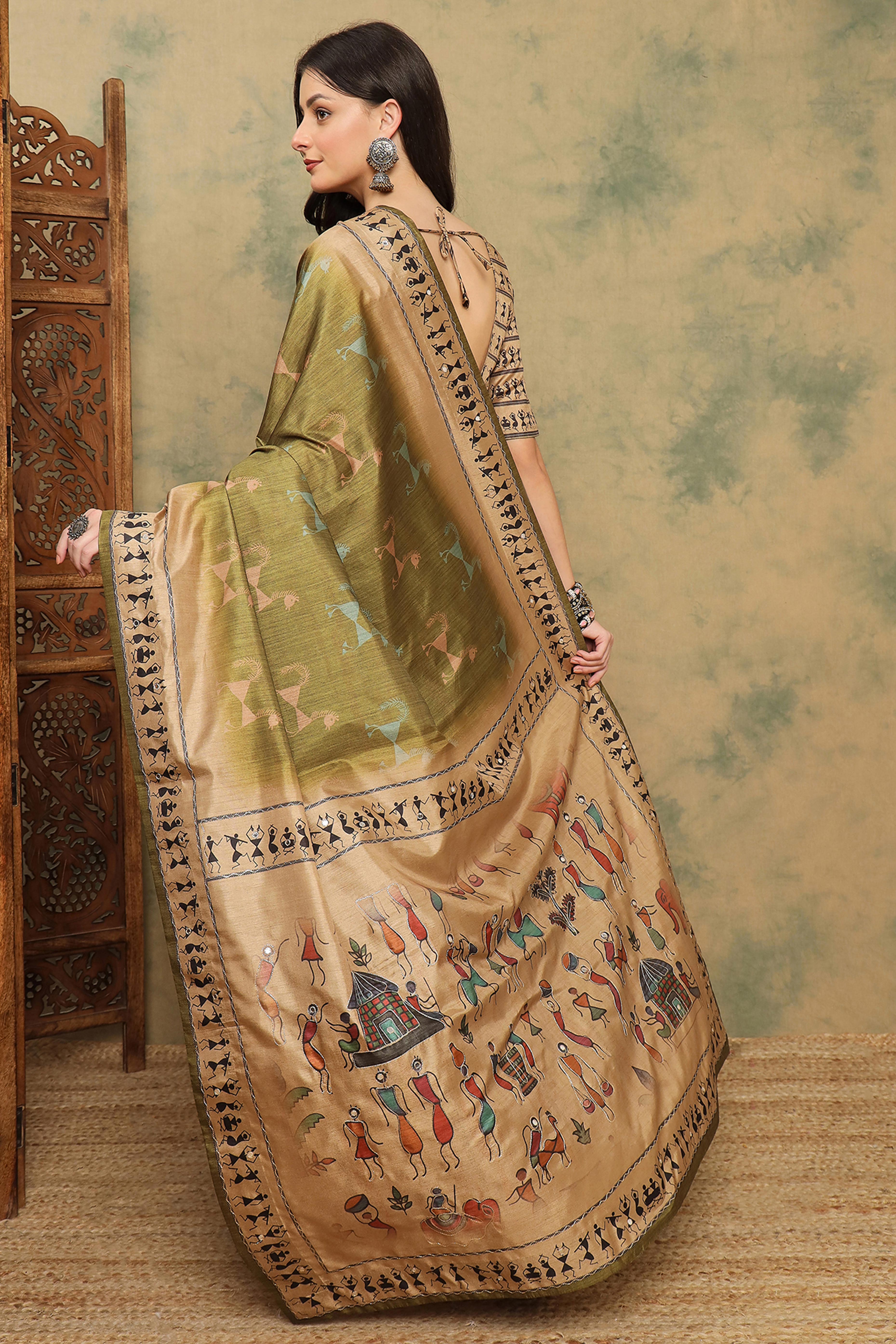 Green Traditional Warli Motifs Cotton Silk Saree Lightweight Ethnic Elegance