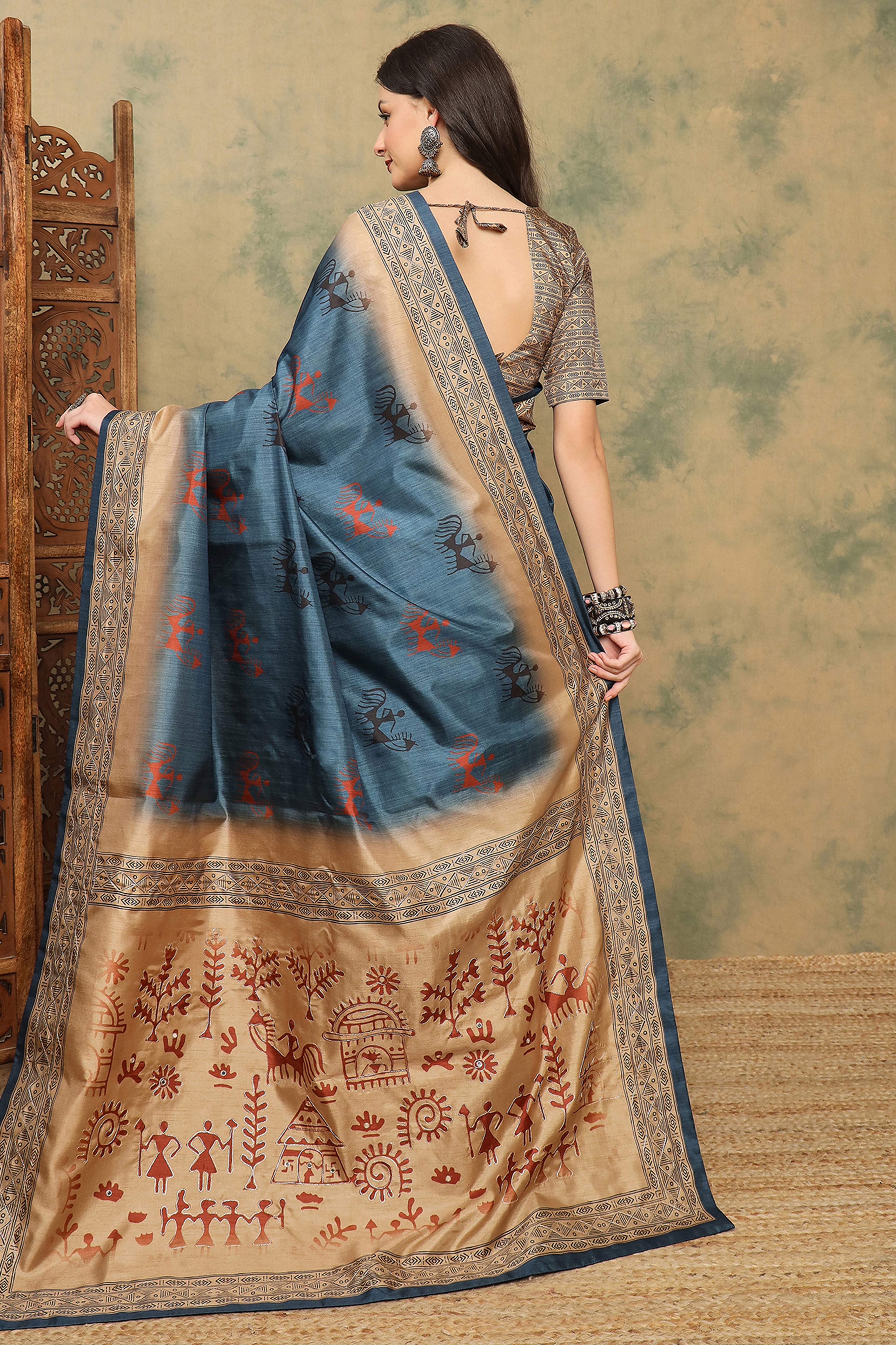 Blue Warli Folk Art Printed Cotton Silk Saree Flowy Drape Festive Wear