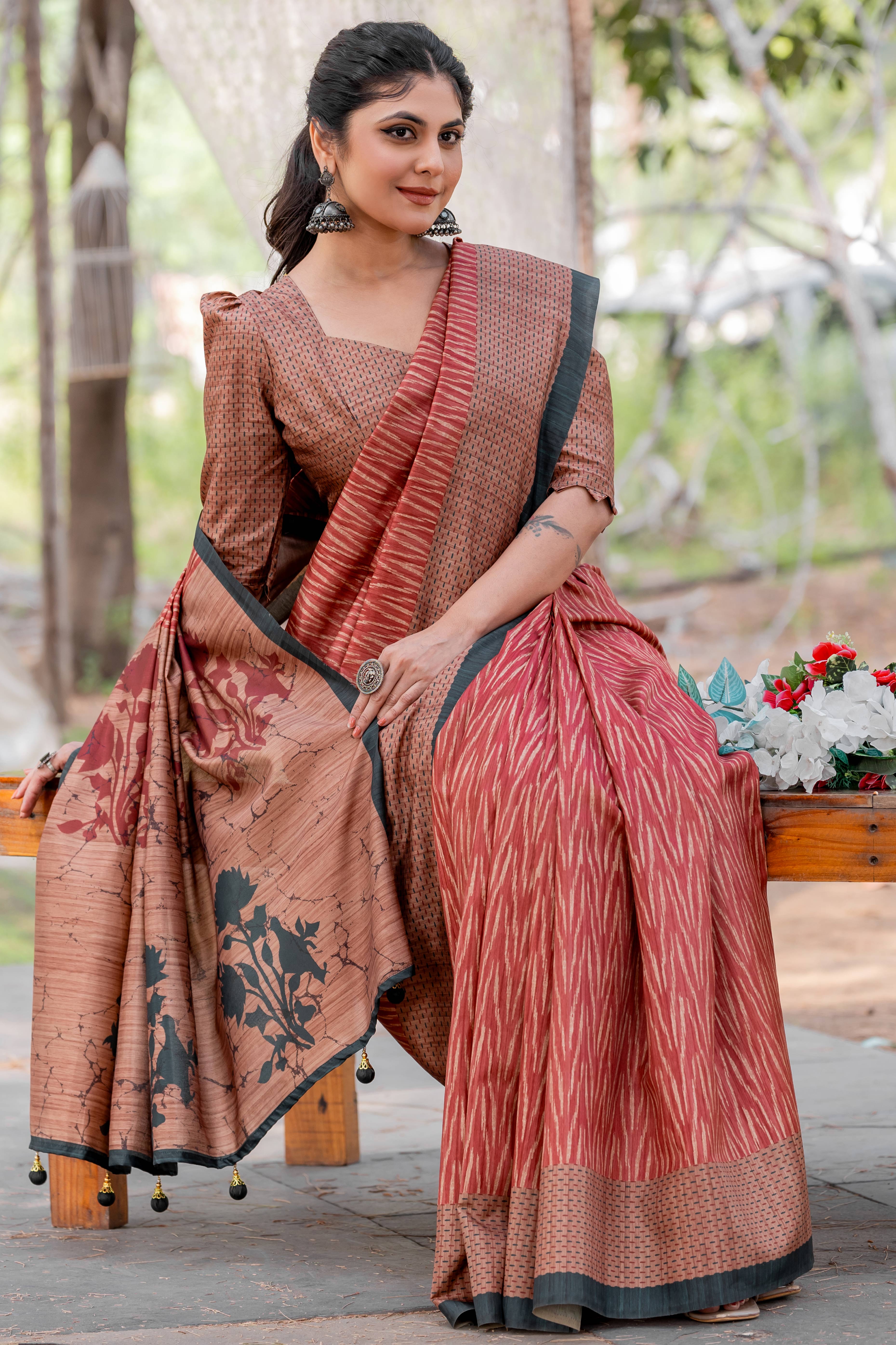 Maroon Kozi Cotton Silk Saree Showcasing Digital Prints and Soft Tassel Edging