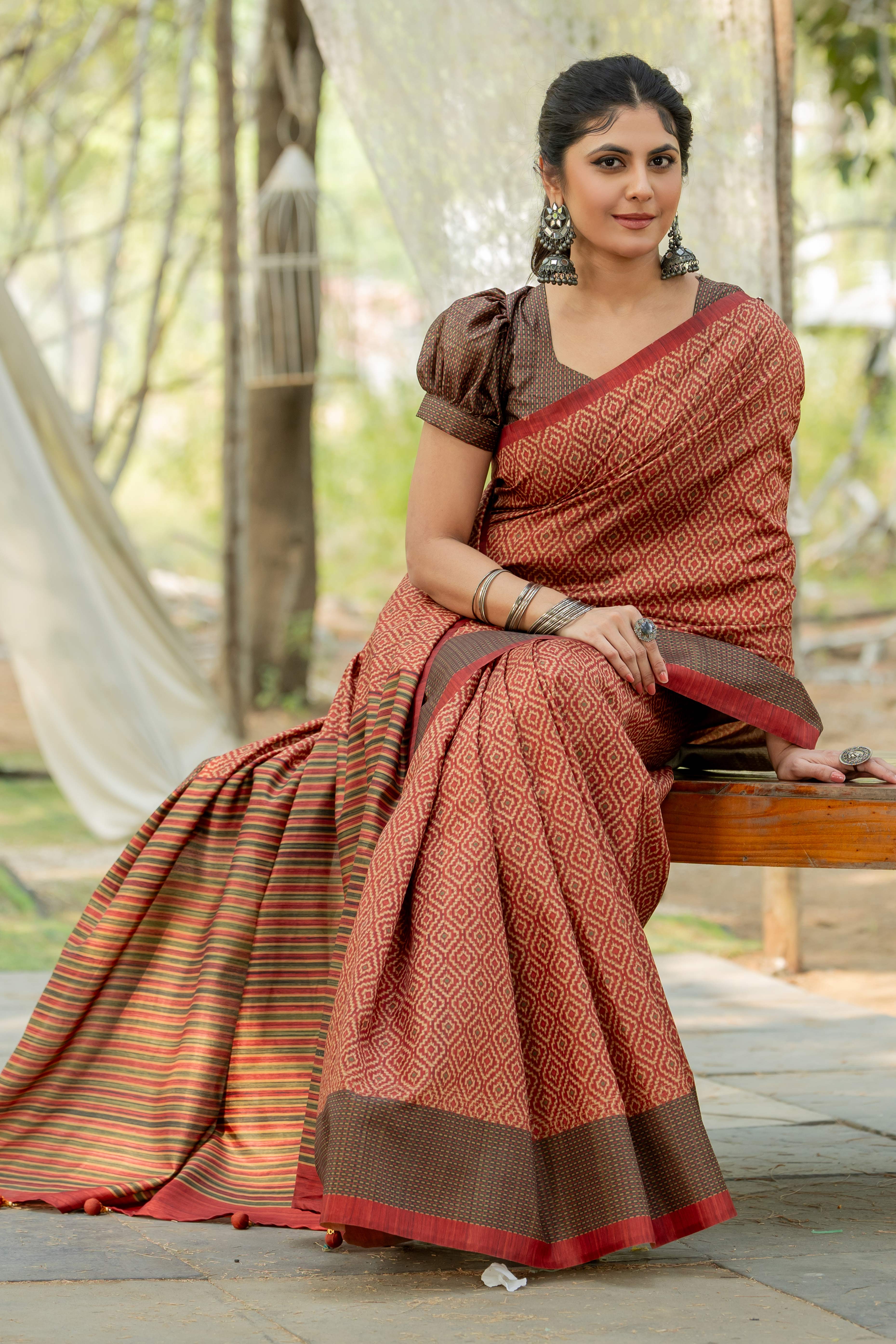 Rust Kozi Cotton Silk Saree Showcasing Digital Prints and Soft Tassel Edging