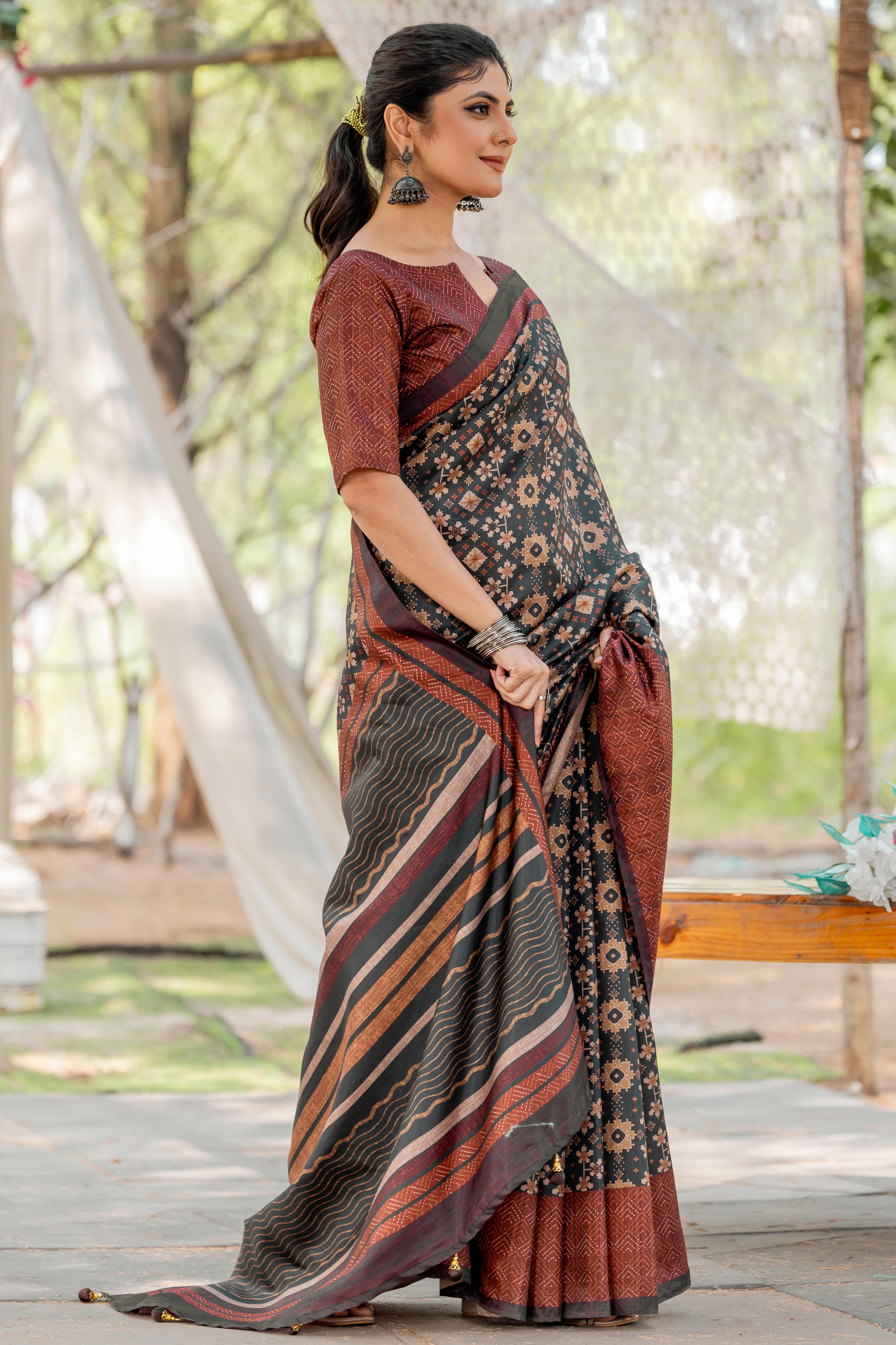 Black Kozi Cotton Silk Saree With Digital Prints and Soft Tassel Edging