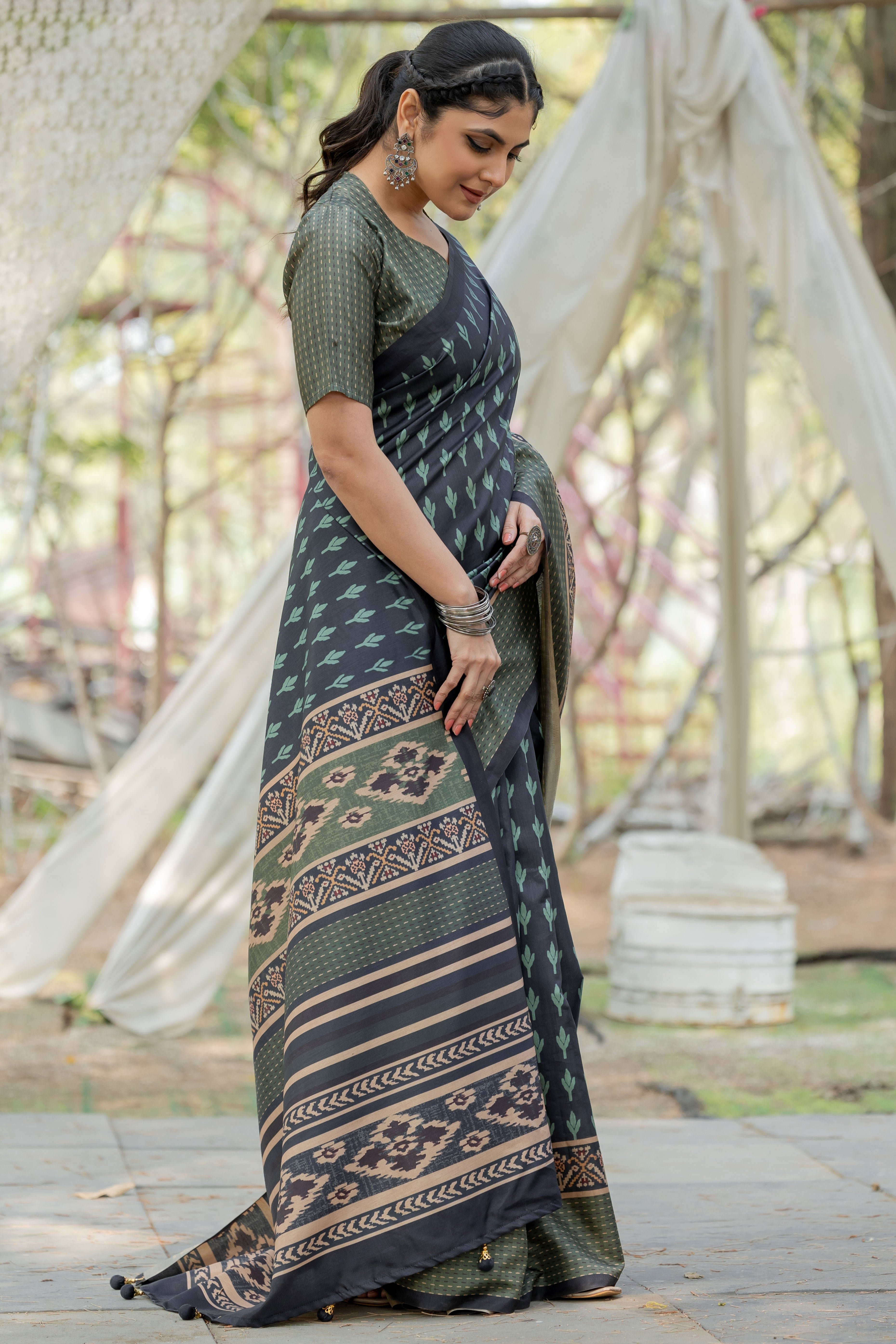 Navy Blue Kozi Cotton Silk Saree Showcasing Digital Prints and Soft Tassel Edging