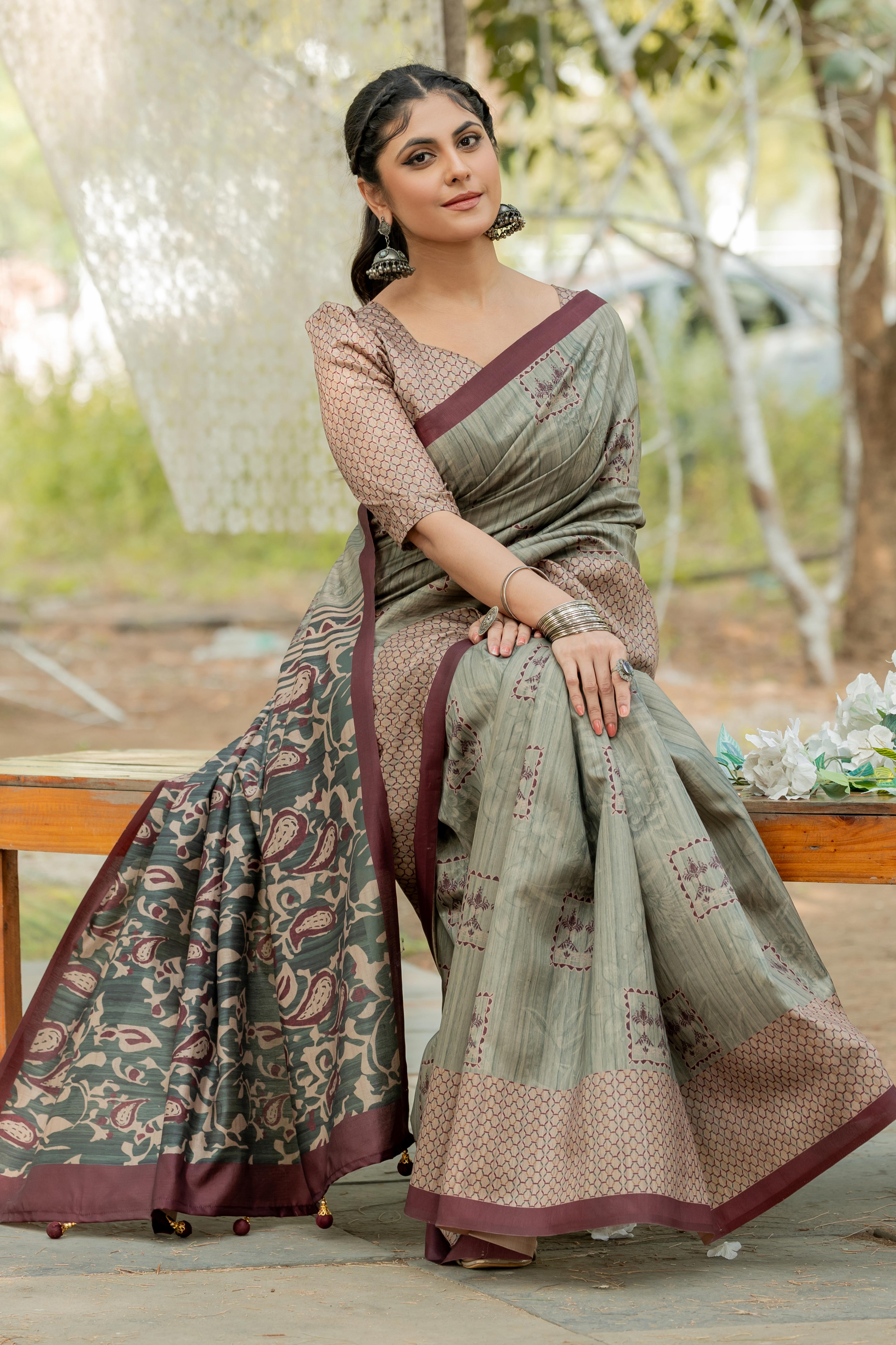 Sage Green Kozi Cotton Silk Saree Showcasing Digital Prints and Soft Tassel Edging