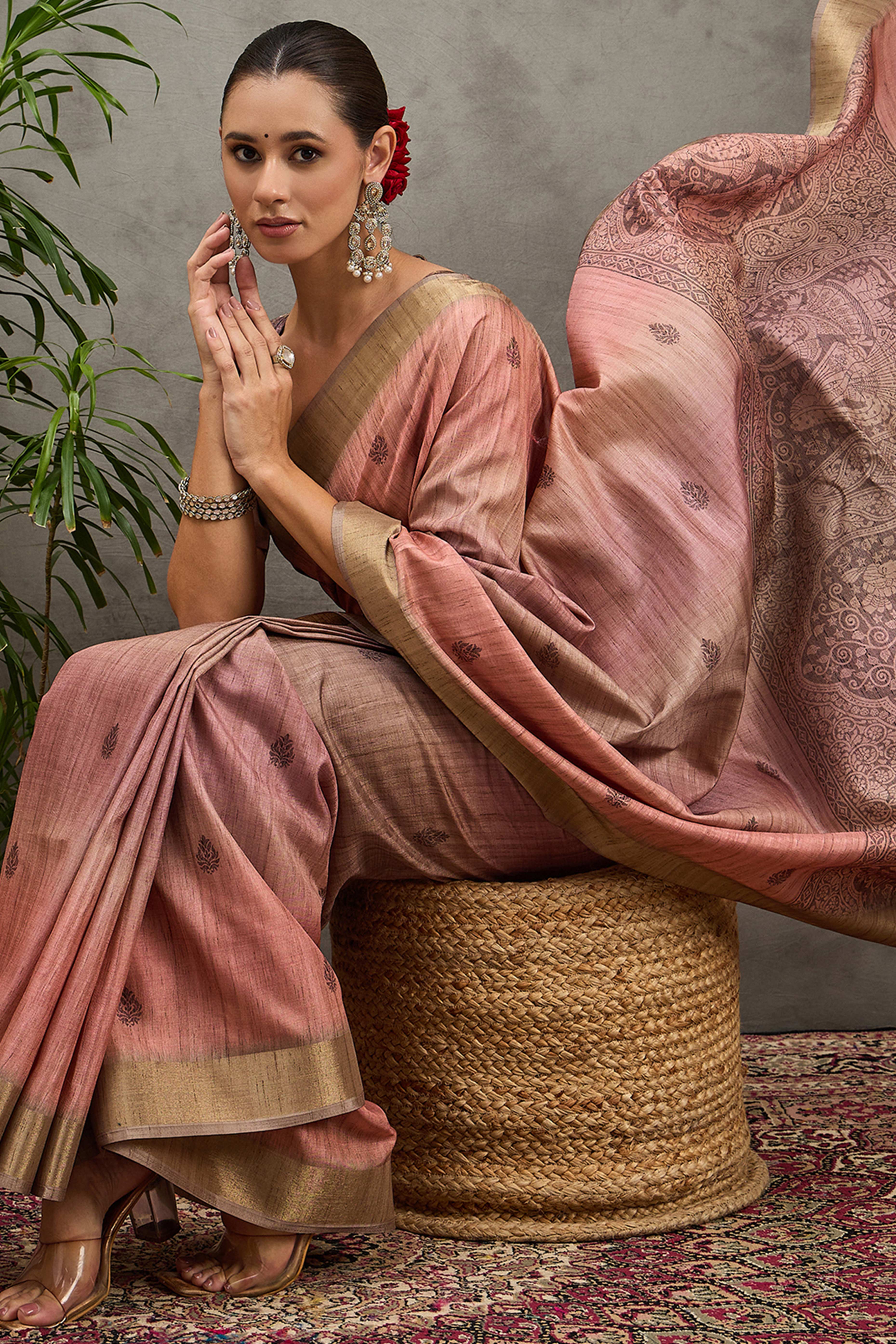 Peach Festive Wear Art Silk Saree Featuring Intricate Floral Weaving