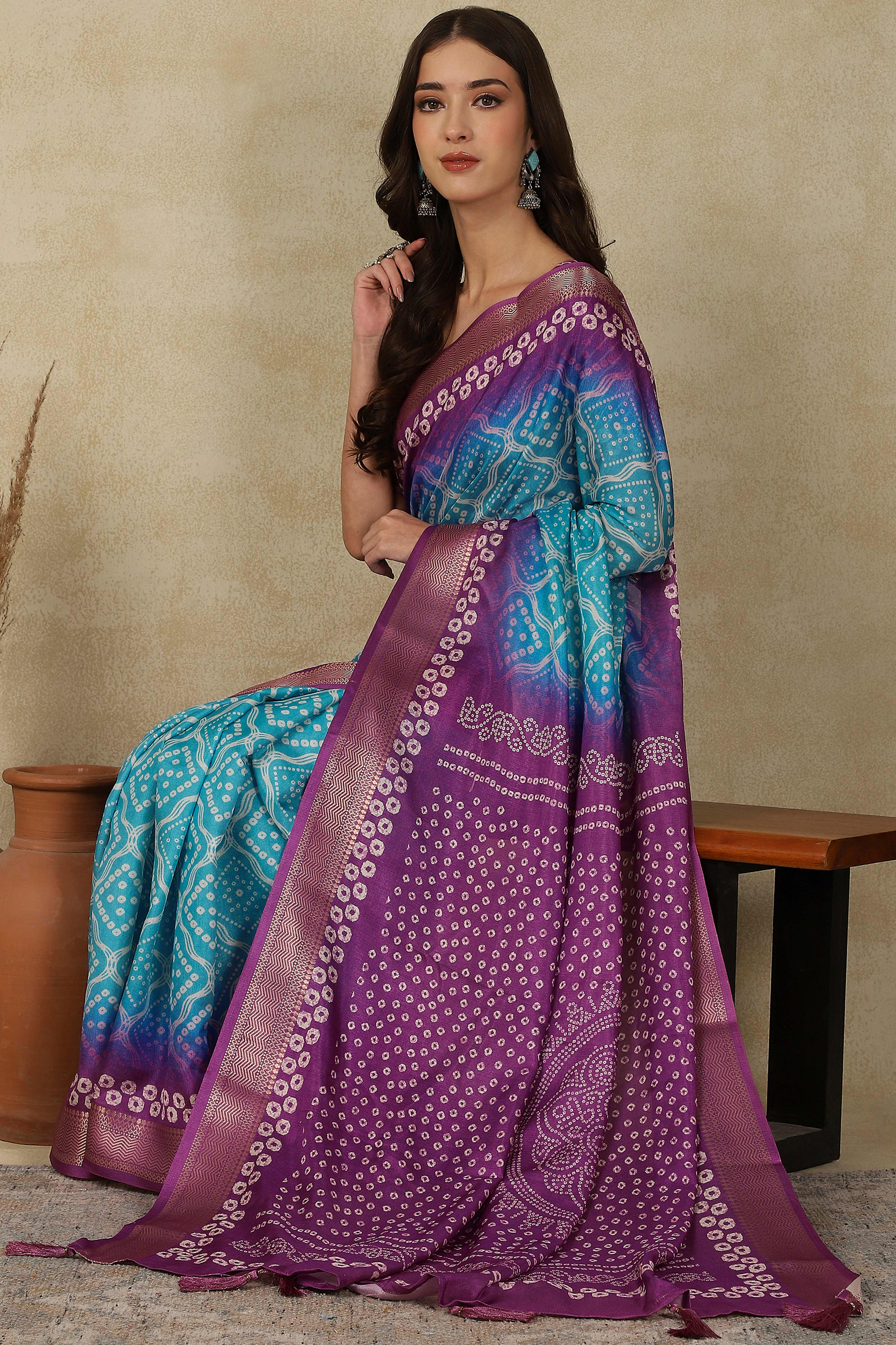 Luxury Blue & Purple Bandhani Print Cotton Silk Saree Featuring Weaving Border & Tassel Pallu