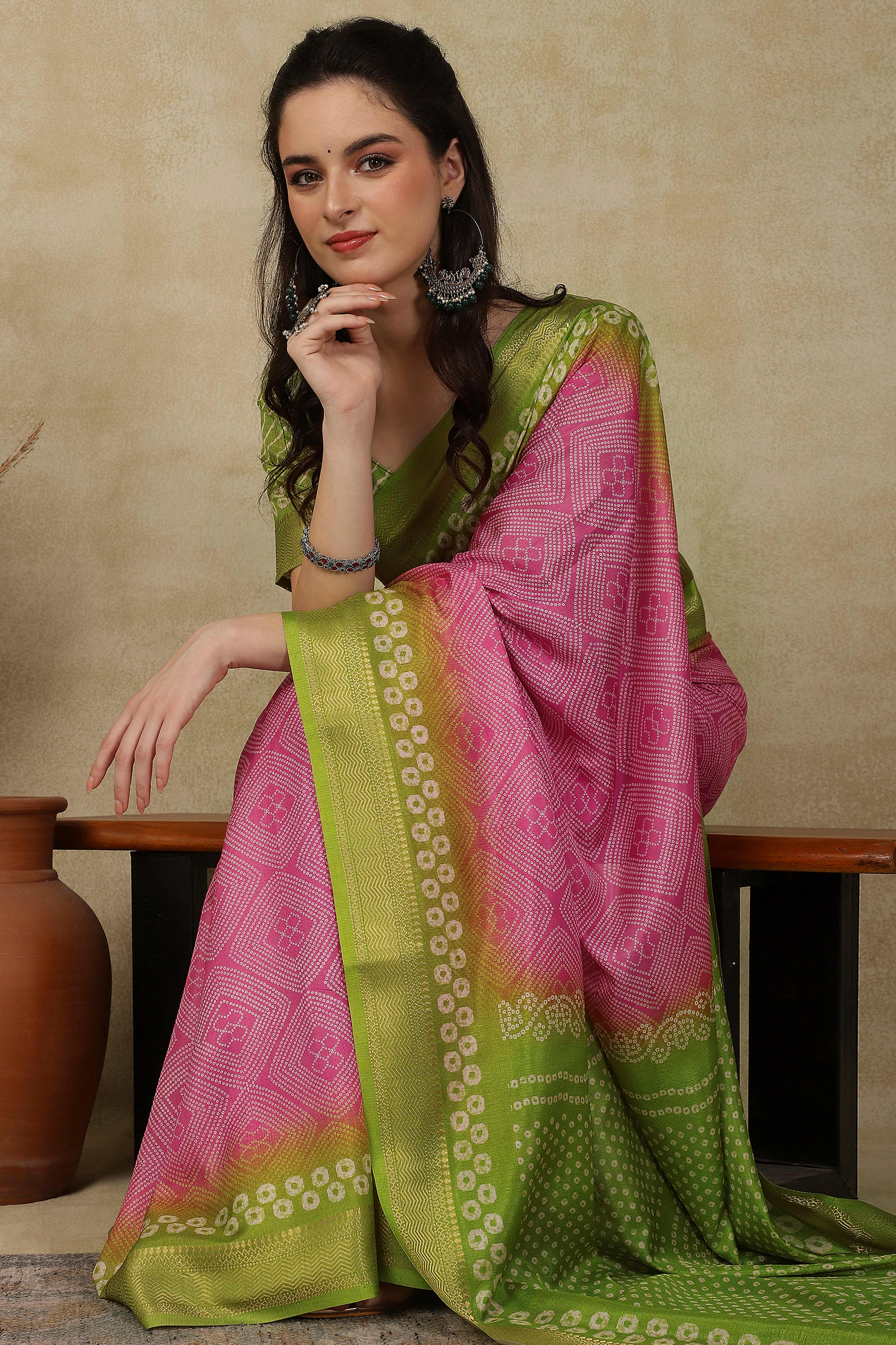 Luxury Pink & Green Bandhani Print Cotton Silk Saree Featuring Weaving Border & Tassel Pallu
