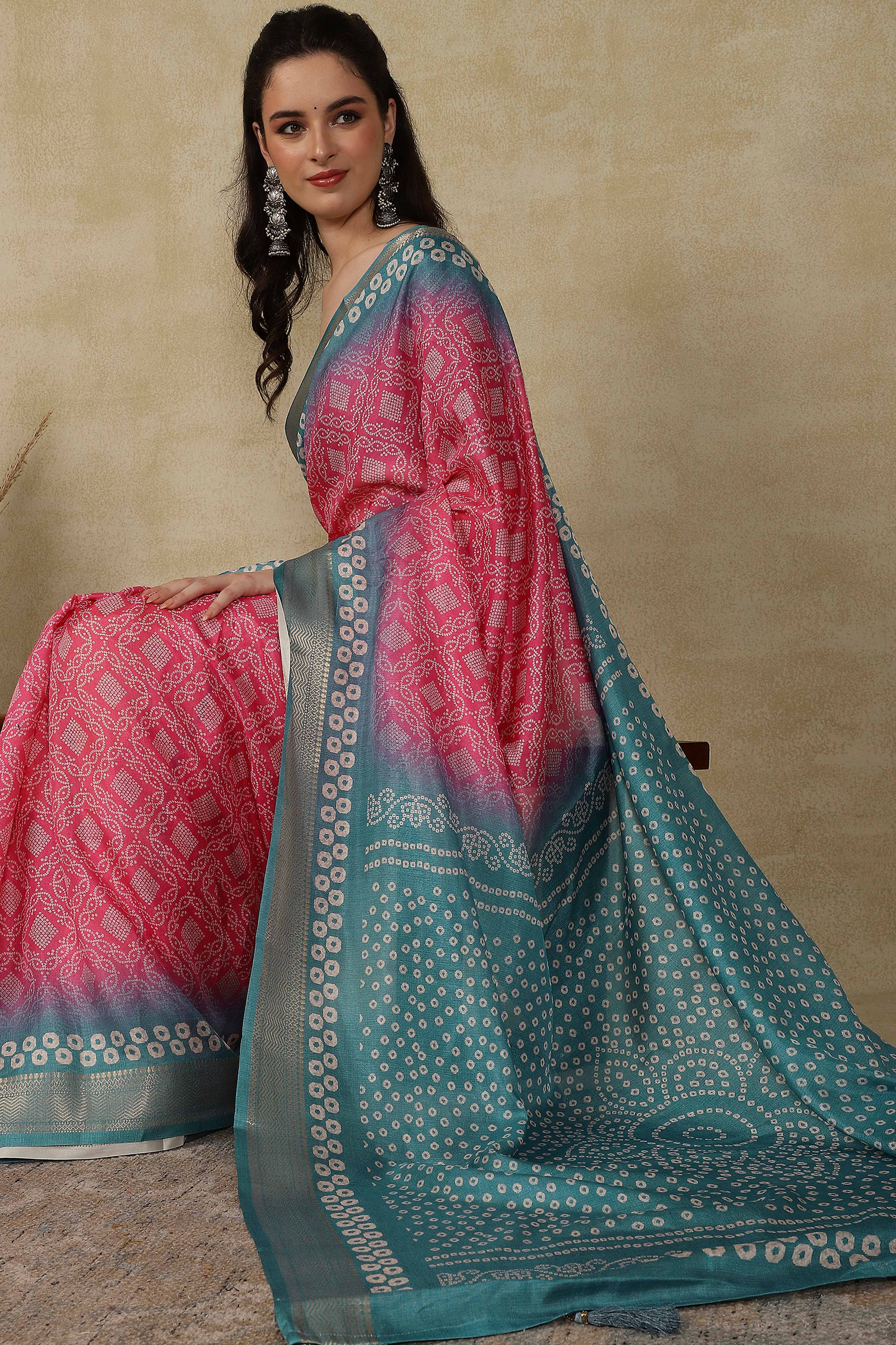 Luxury Pink & Teal Bandhani Print Cotton Silk Saree Featuring Weaving Border & Tassel Pallu