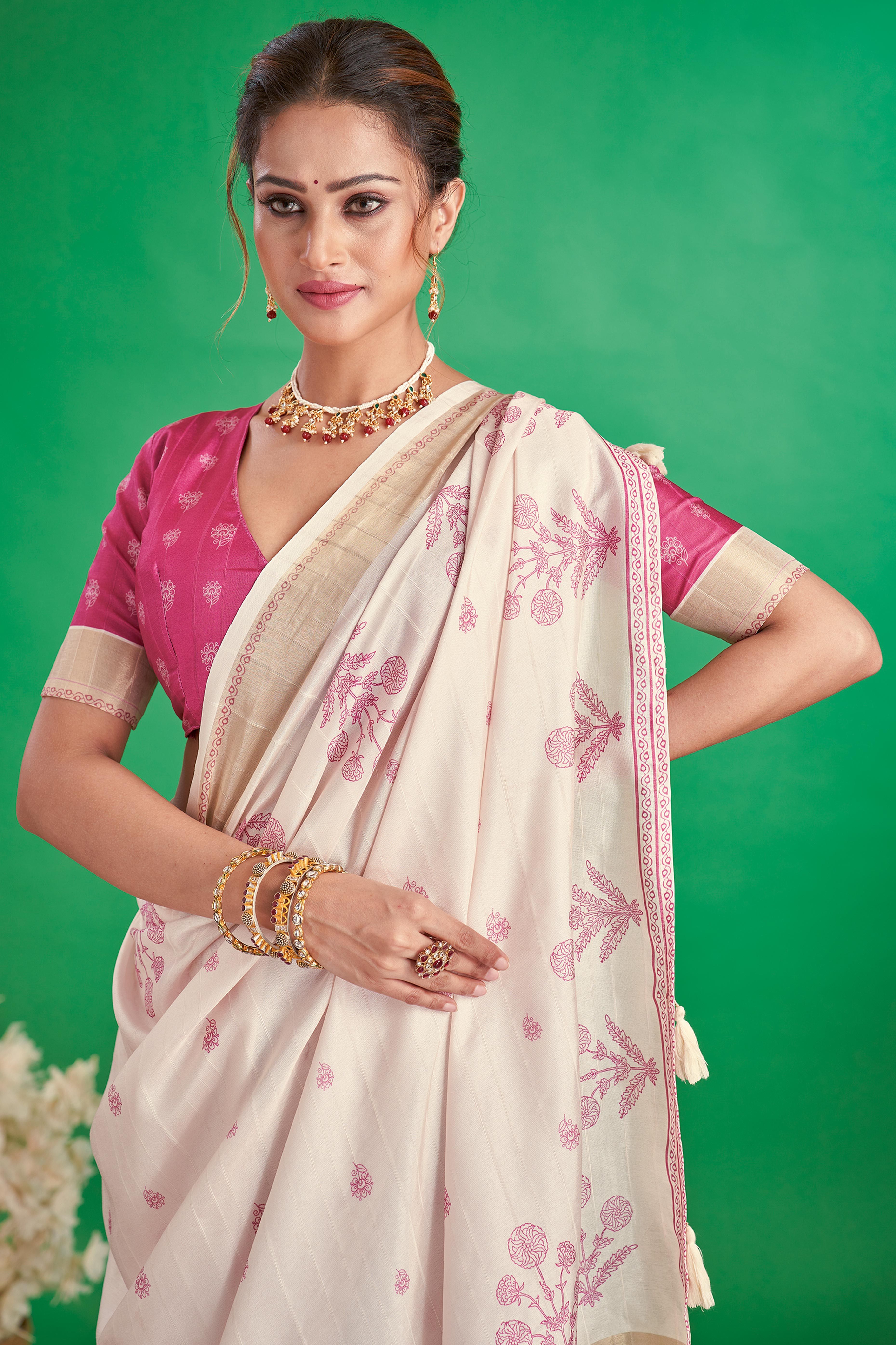 Charming Offwhite & Rani Floral Printed Kotha Cotton Silk Saree Adorned With Graceful Tassel Pallu