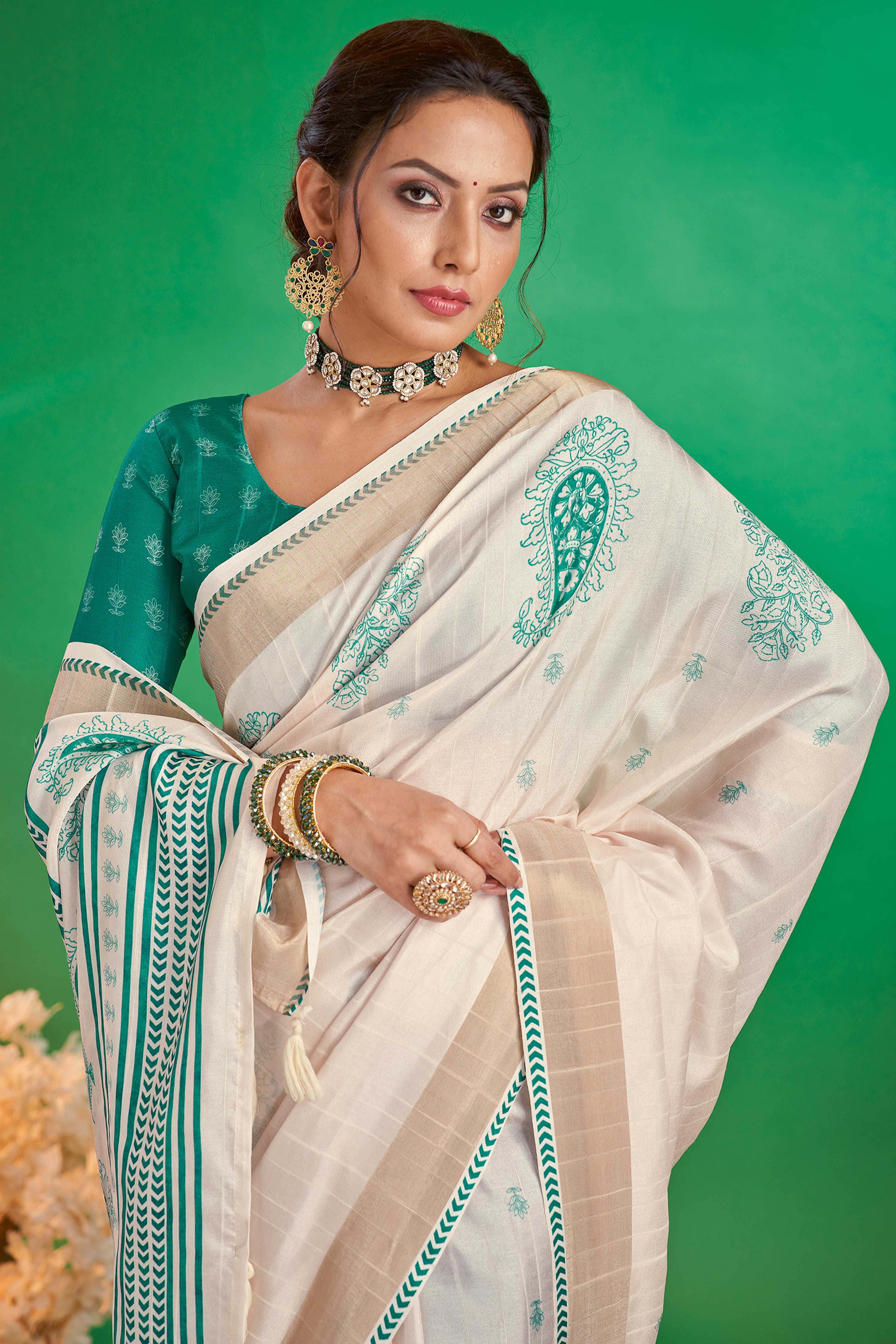 Charming Offwhite & Rama Floral Printed Kotha Cotton Silk Saree Adorned With Graceful Tassel Pallu