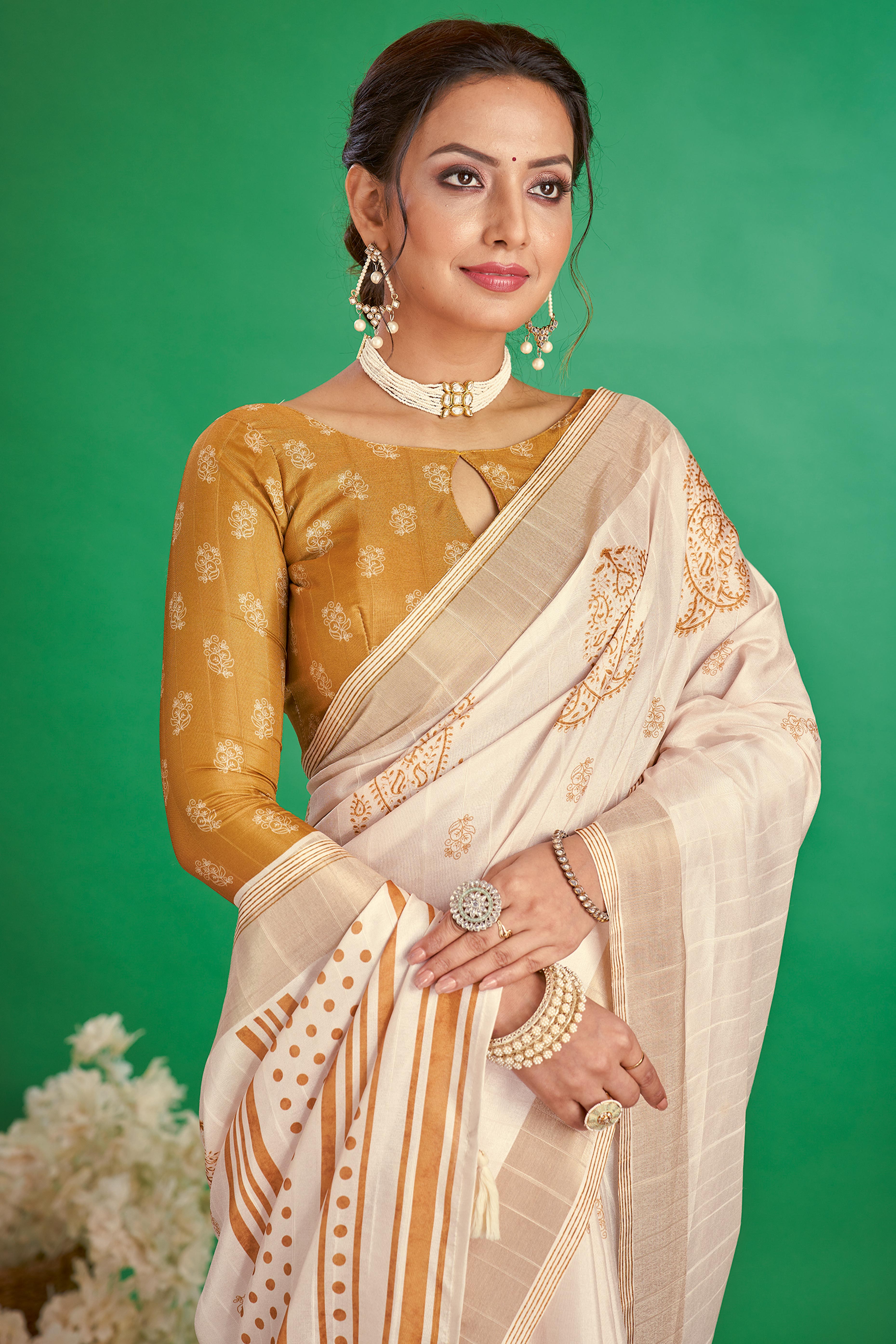 Charming Offwhite & Mustard Floral Printed Kotha Cotton Silk Saree Adorned With Tassel Pallu