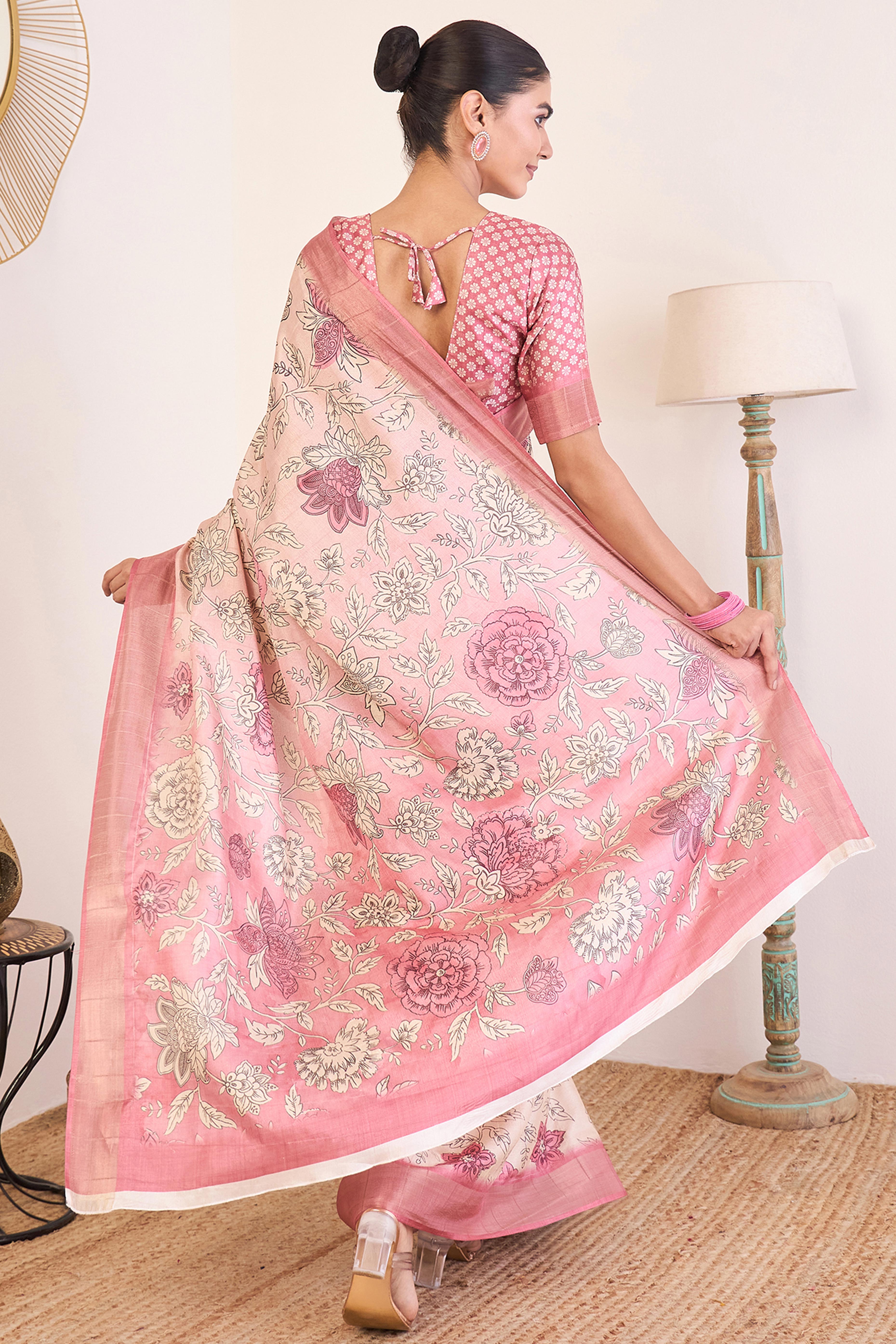 Elegant Pink Floral Printed Kotha Cotton Silk Saree Reflecting Subtle Sophistication