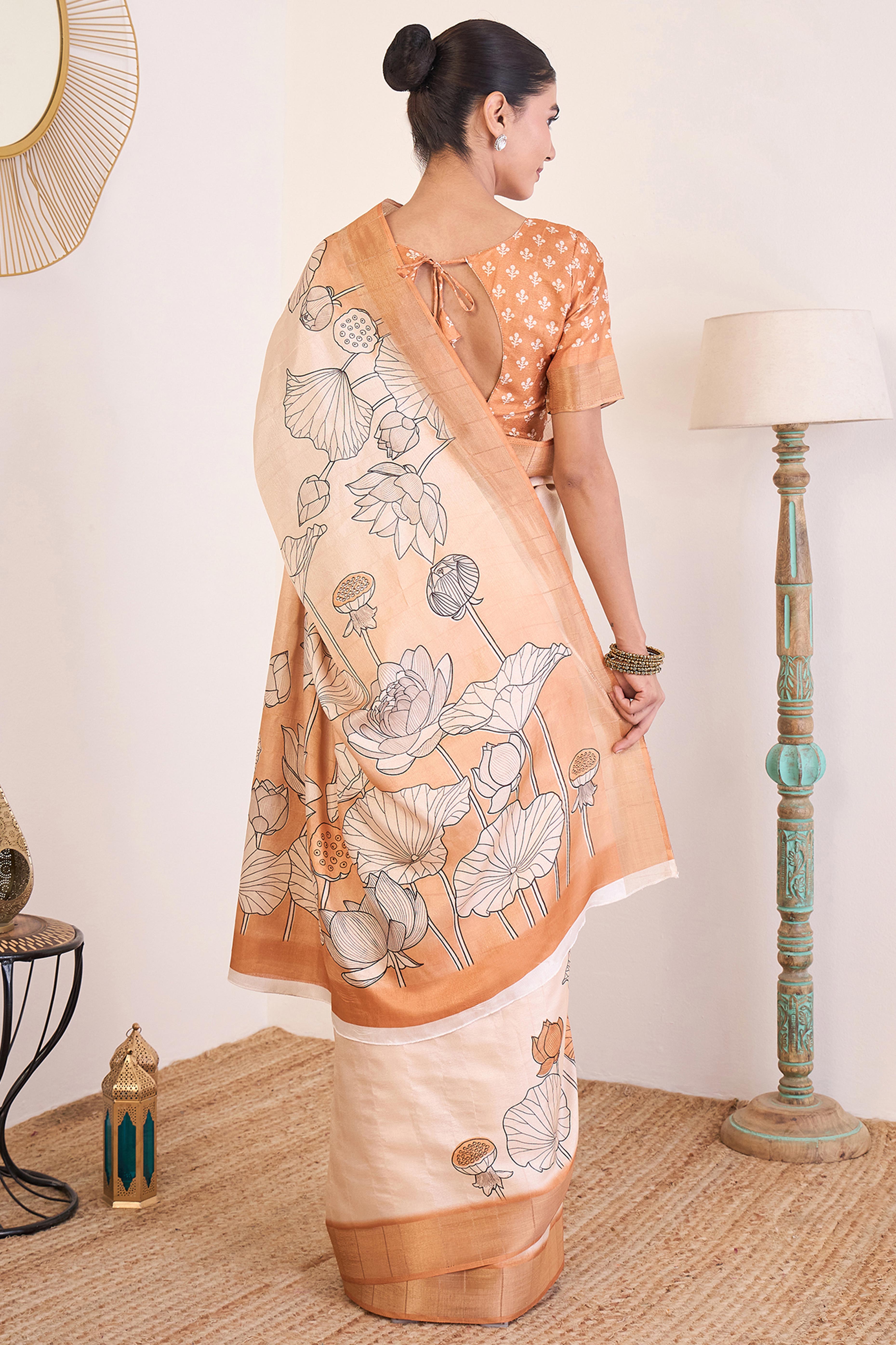 Elegant Light Peach Floral Printed Kotha Cotton Silk Saree Reflecting Subtle Sophistication