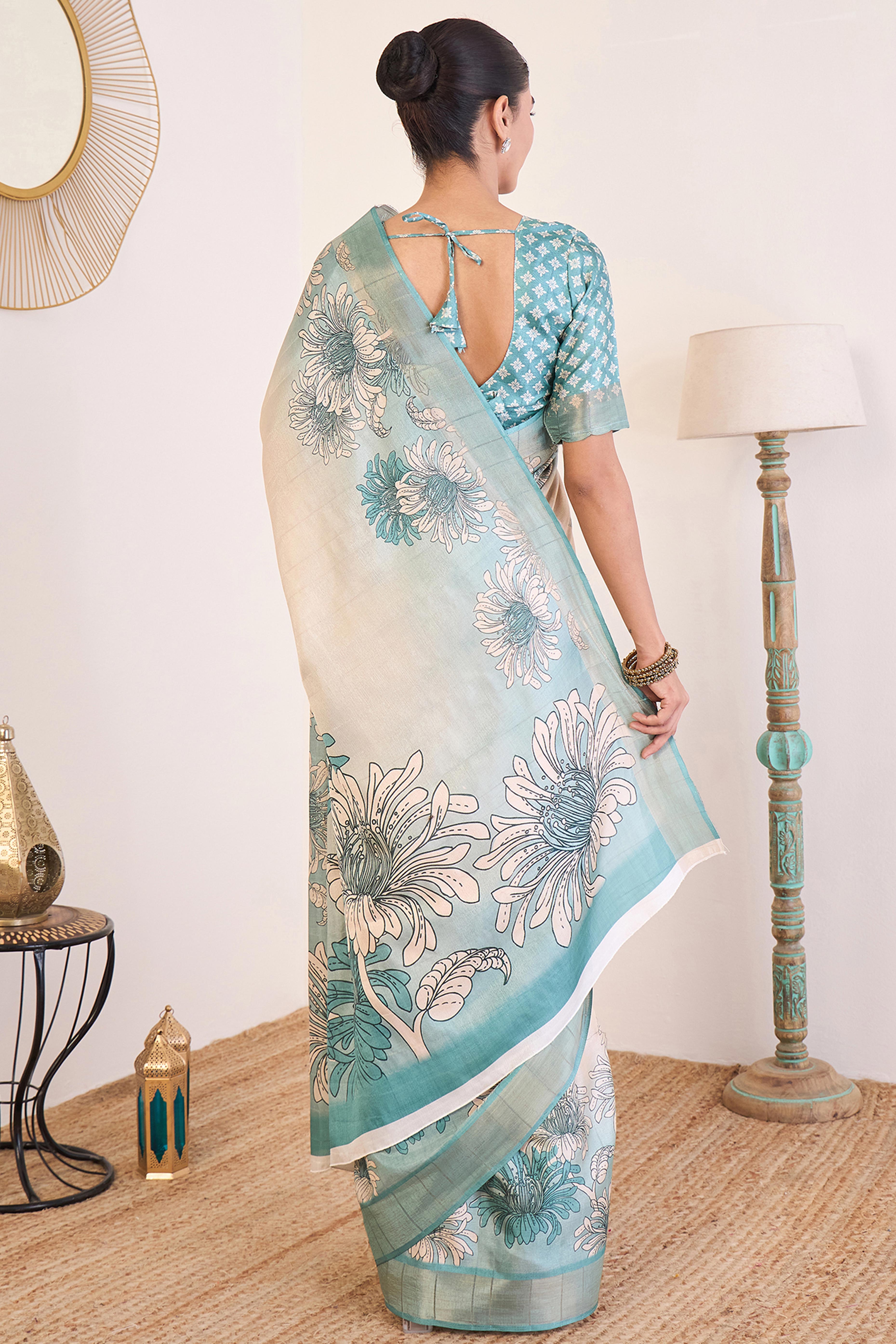 Elegant Light Blue Floral Printed Kotha Cotton Silk Saree Reflecting Subtle Sophistication