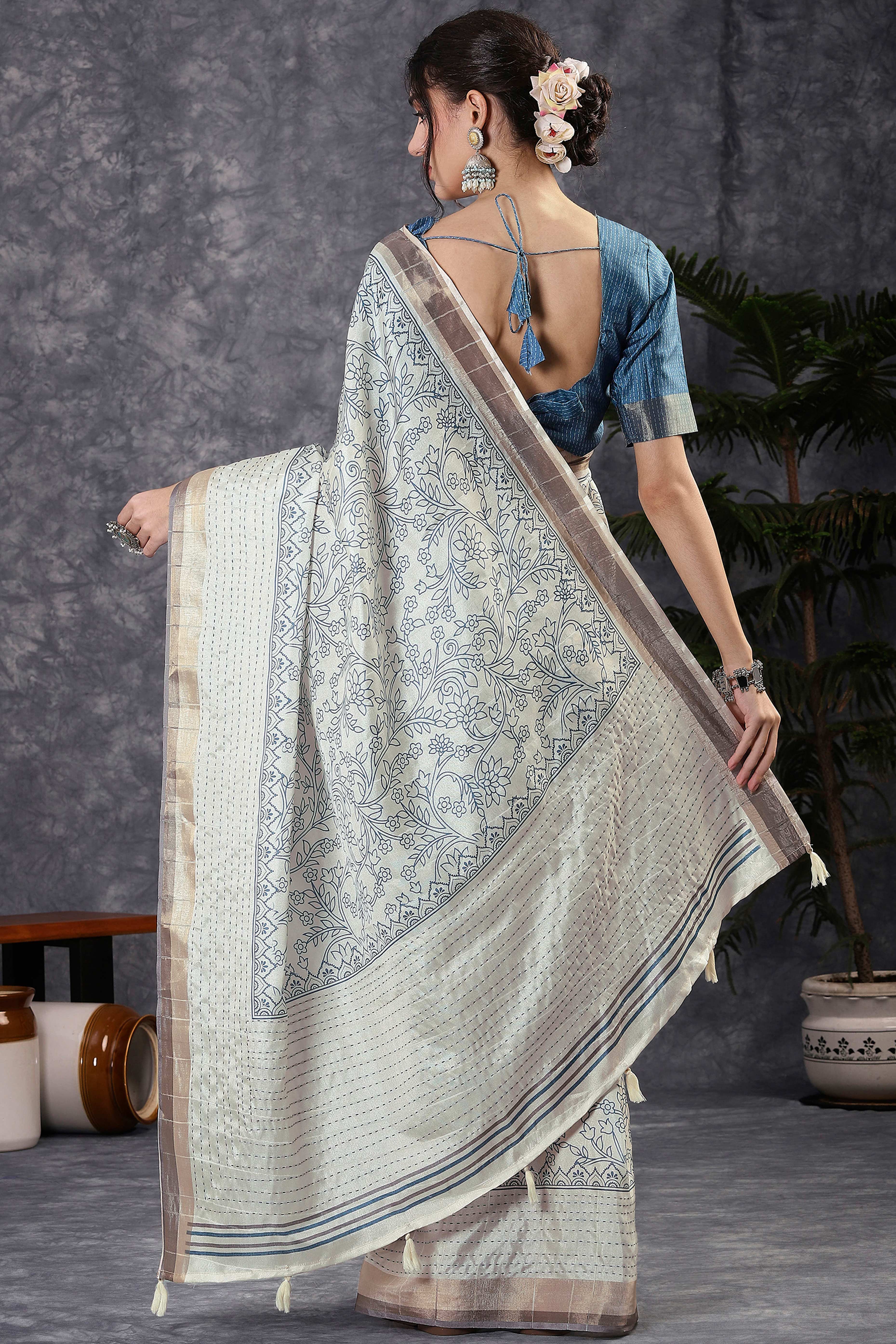 Offwhite & Blue Floral Printed Kotha Cotton Silk Saree With Beautifully Crafted Katha Embroidery