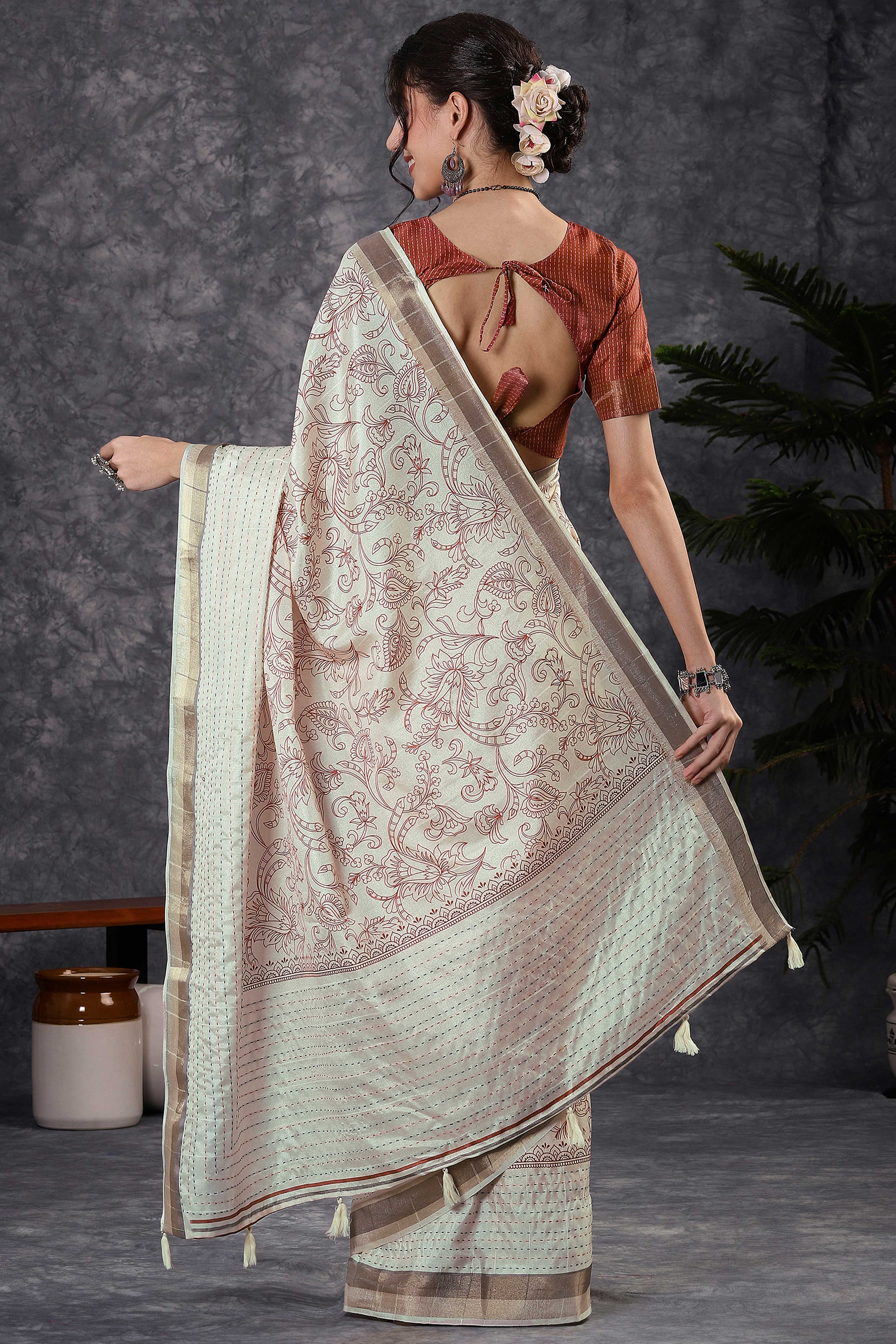 Offwhite & Rust Floral Printed Kotha Cotton Silk Saree With Beautifully Crafted Katha Embroidery