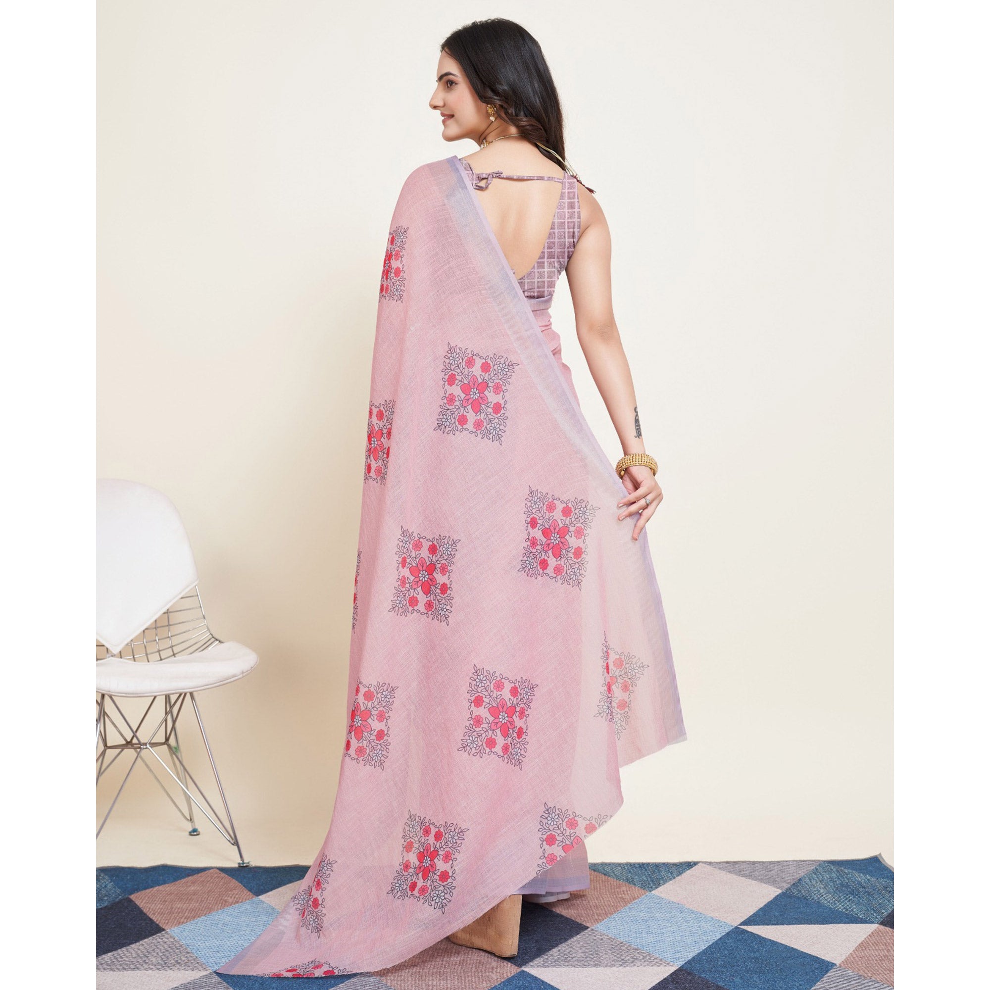 Light Peach Floral Printed Linen Saree