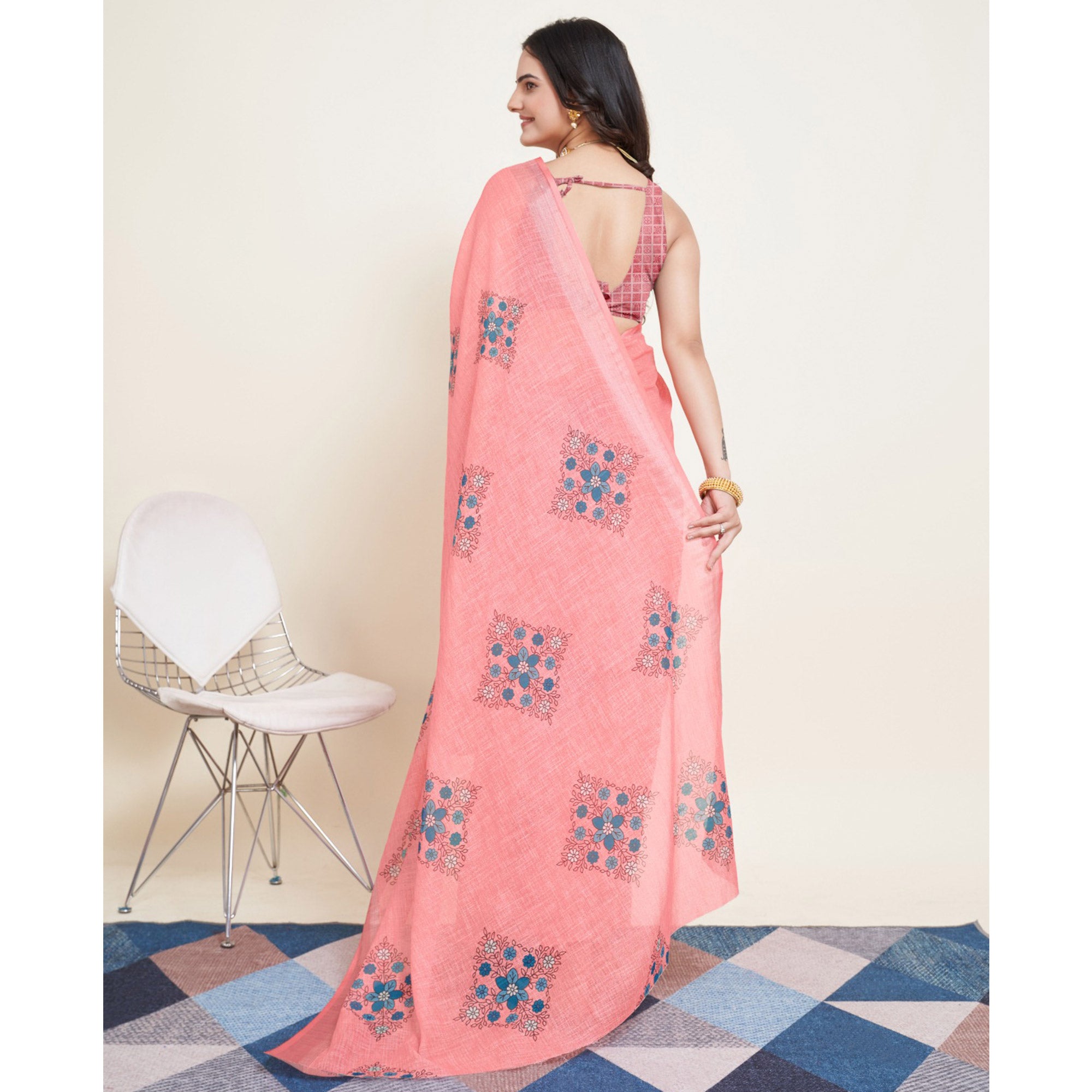 Peach Floral Printed Linen Saree