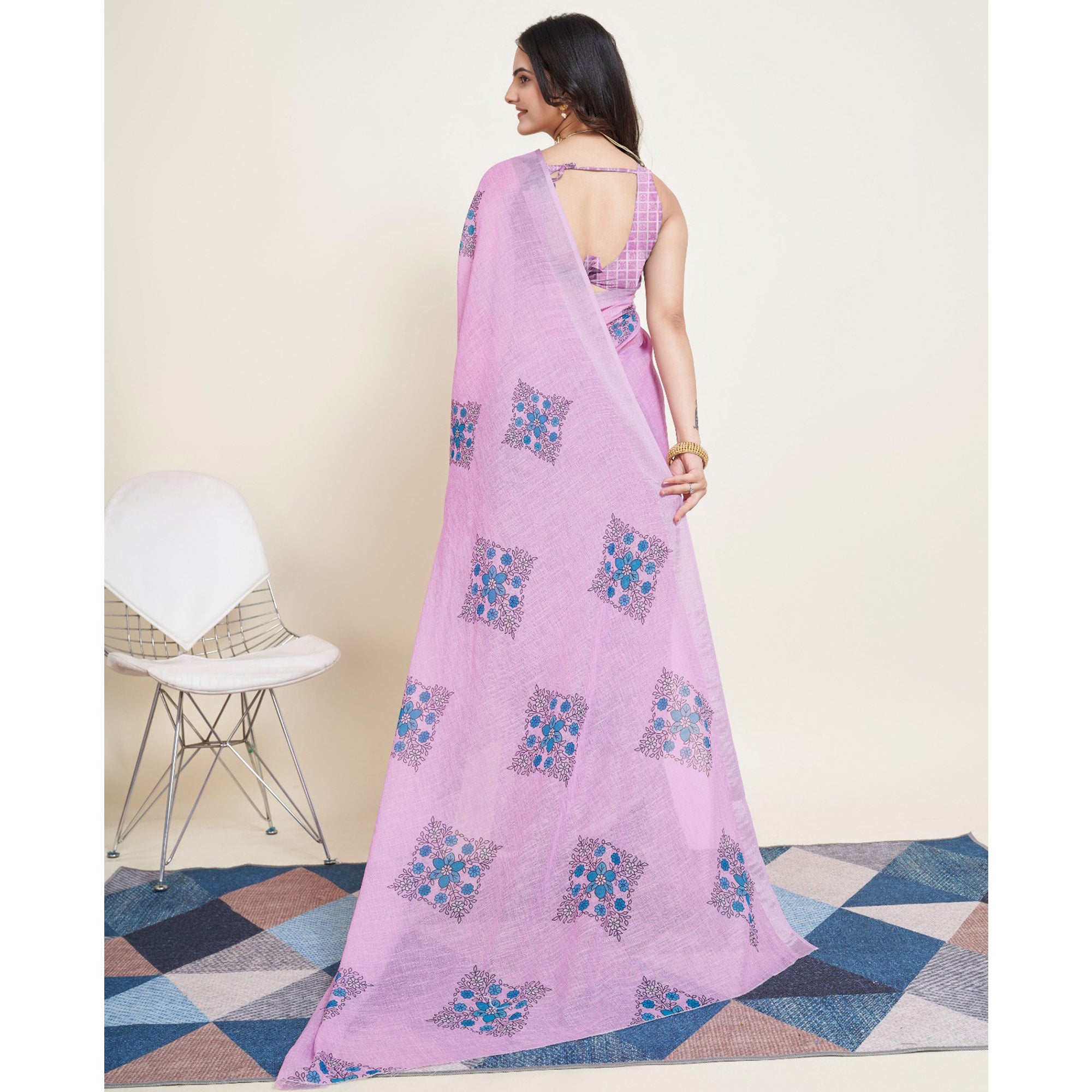 Pink Floral Printed Linen Saree