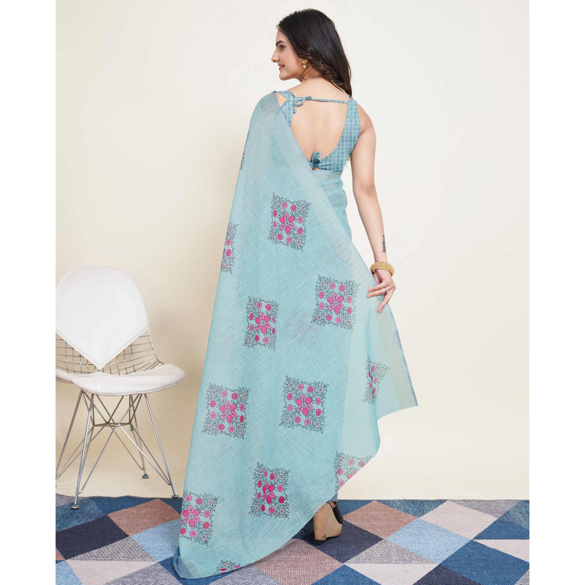 Sky Blue Floral Printed Linen Saree