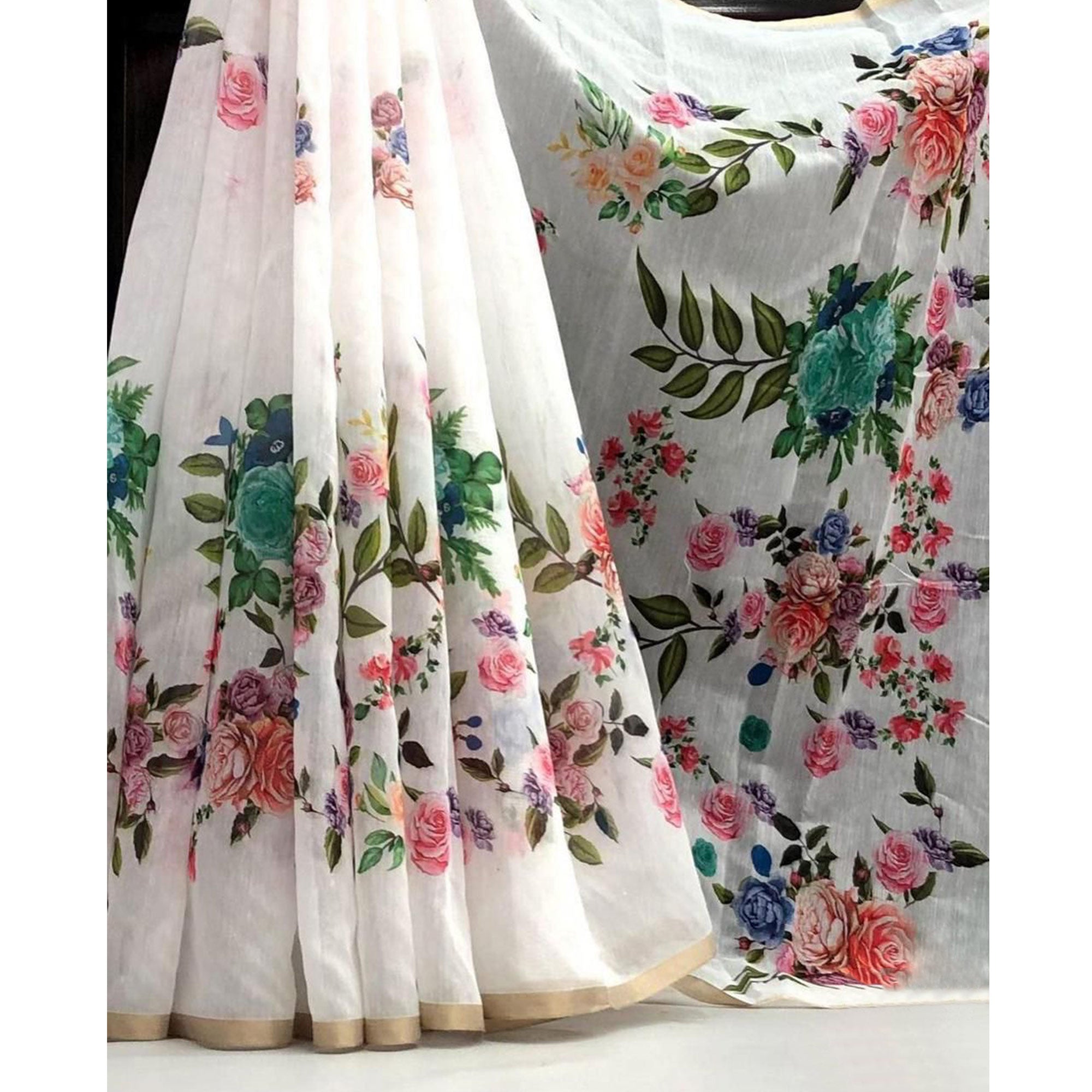 White Floral Printed Chanderi Saree