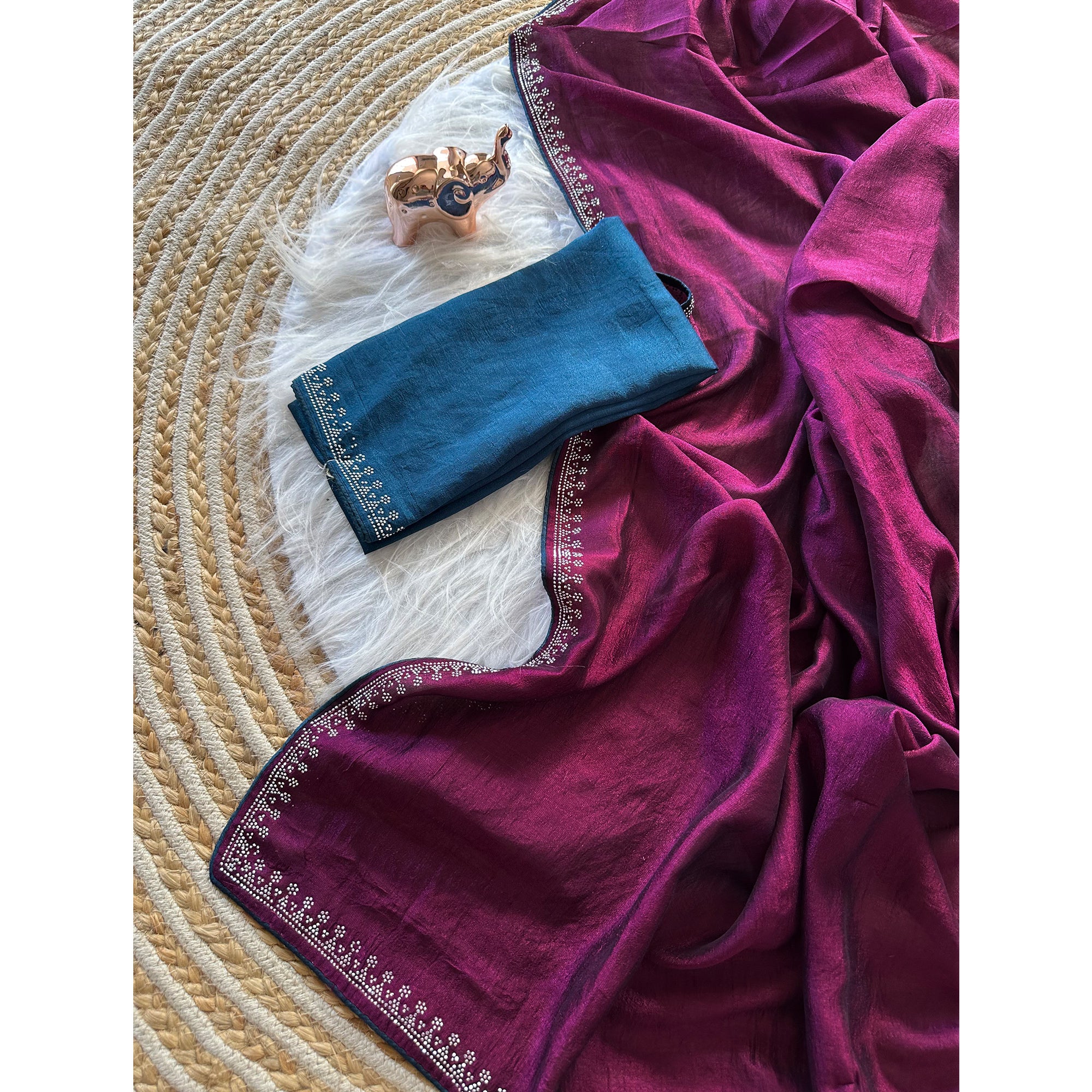 Magenta Partywear Vichitra Silk Saree Featuring Exquisite Swarovski Stone Work