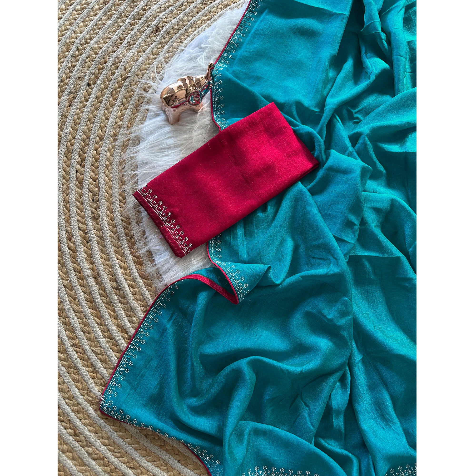 Turquoise Partywear Vichitra Silk Saree Featuring Exquisite Swarovski Stone Work
