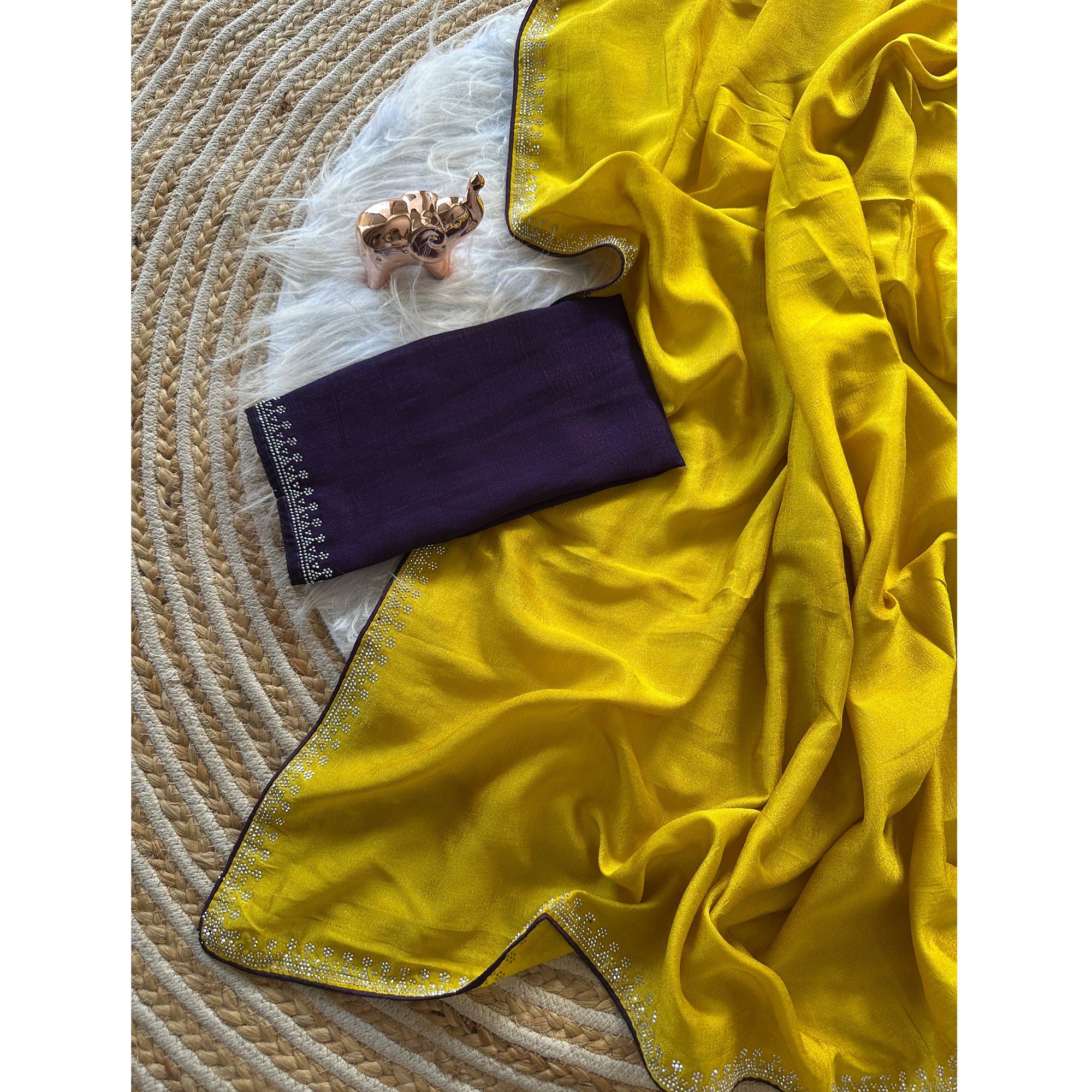 Yellow Partywear Vichitra Silk Saree Featuring Exquisite Swarovski Stone Work