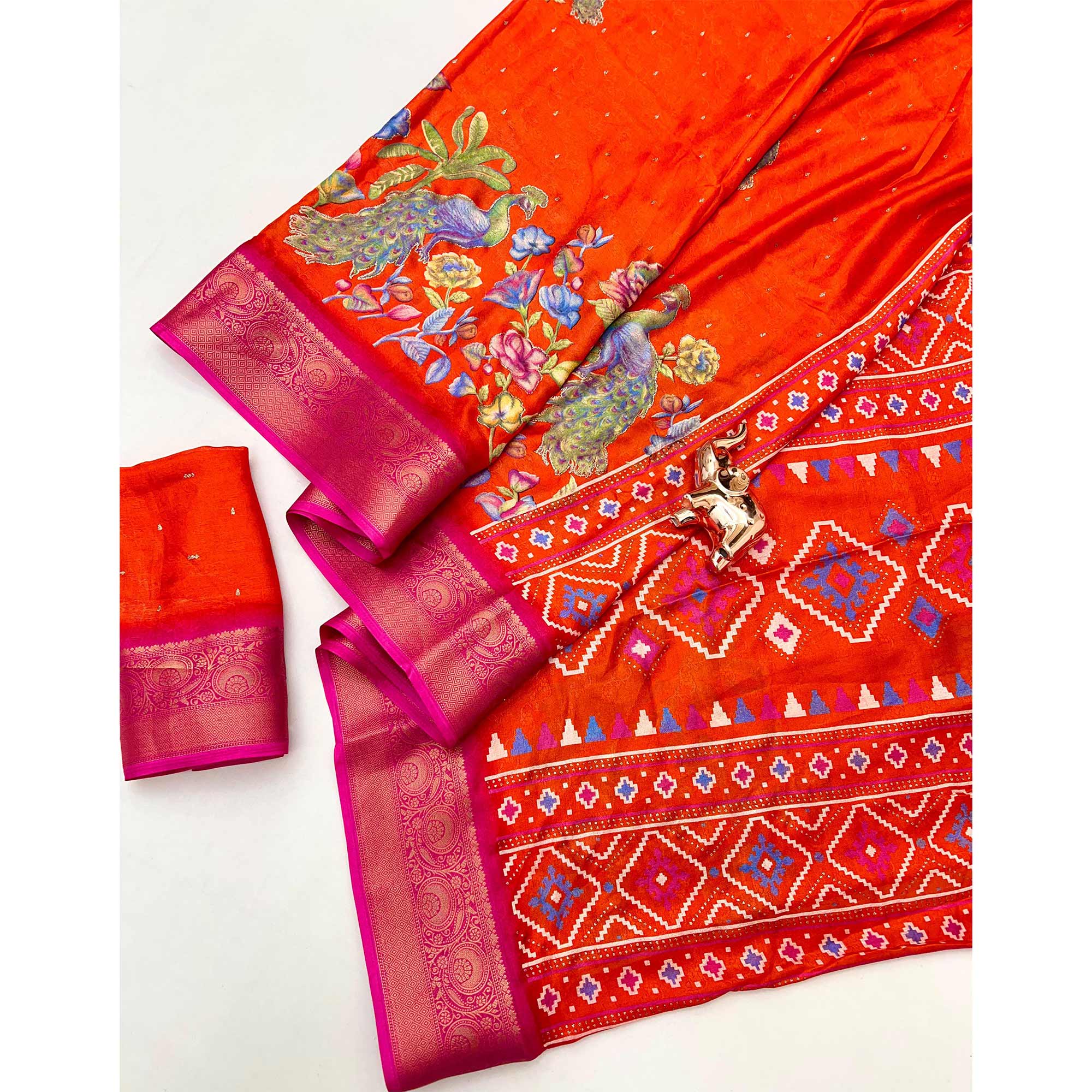 Elegant Orange Peacock & Floral Printed Georgette Saree Accented With Gleaming Weaving Zari Border