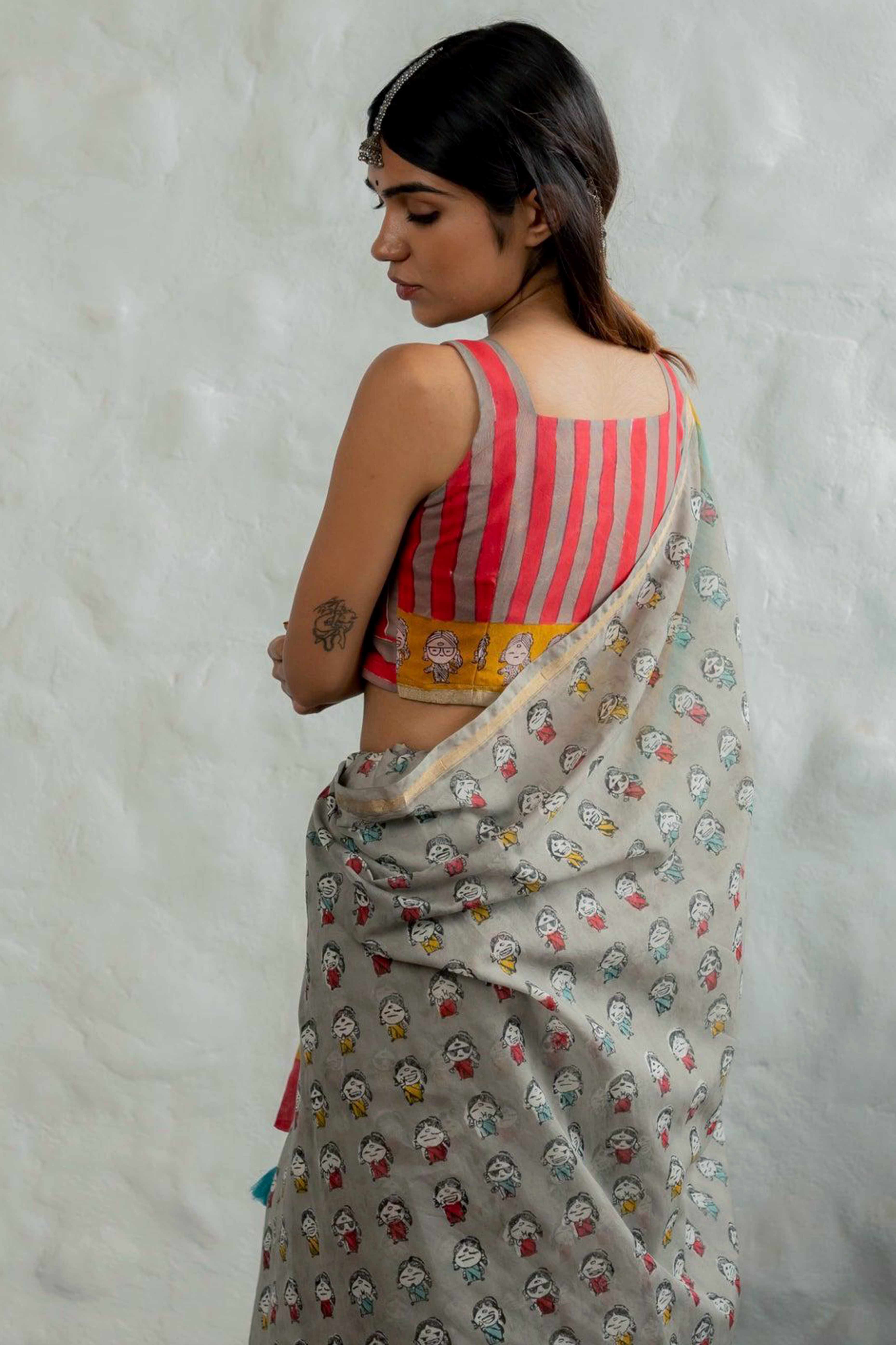 Grey Batik Printed Pure Linen Saree With Tassels