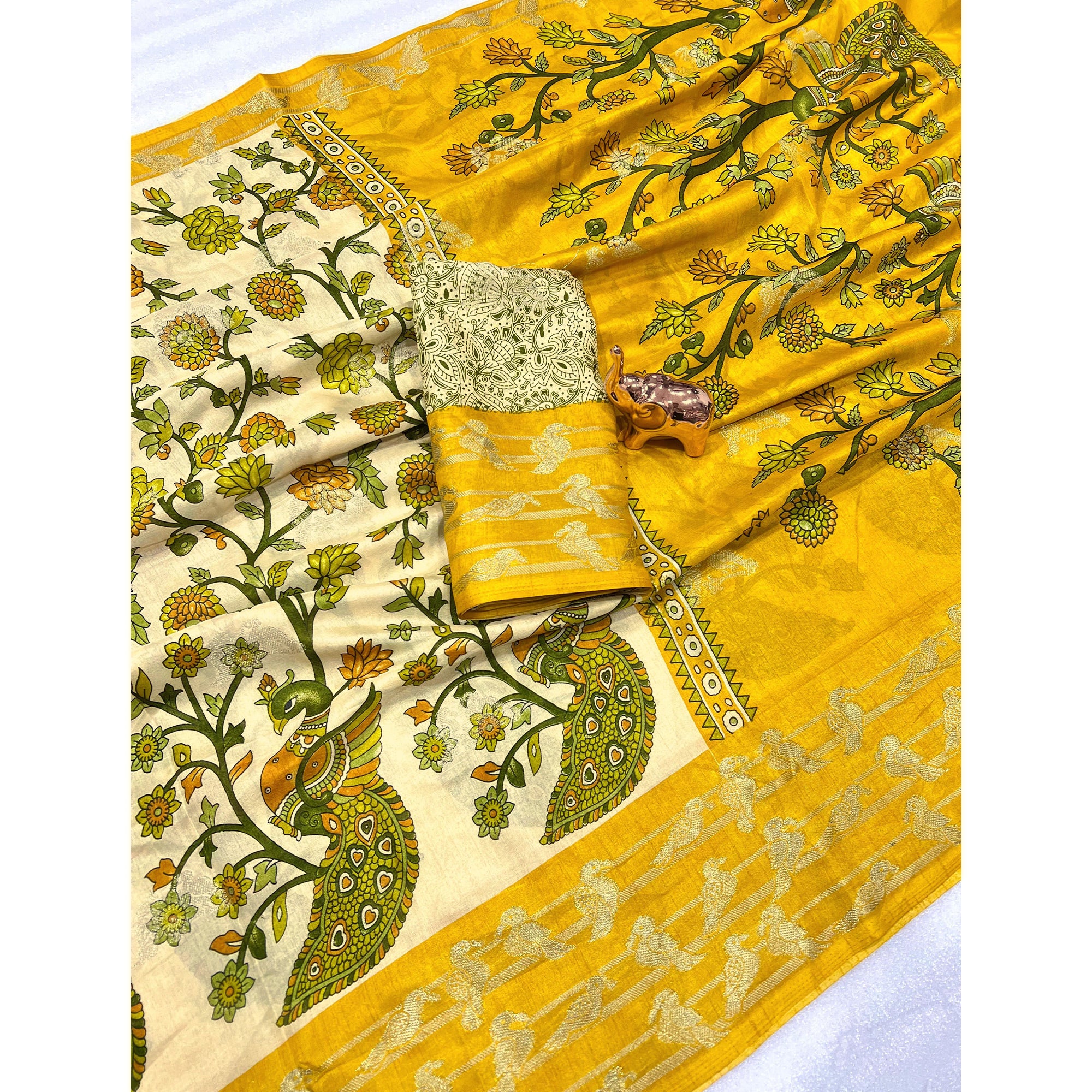 Elegant Cream & Yellow Cotton Blend Saree Adorned With Vibrant Peacock Floral Print