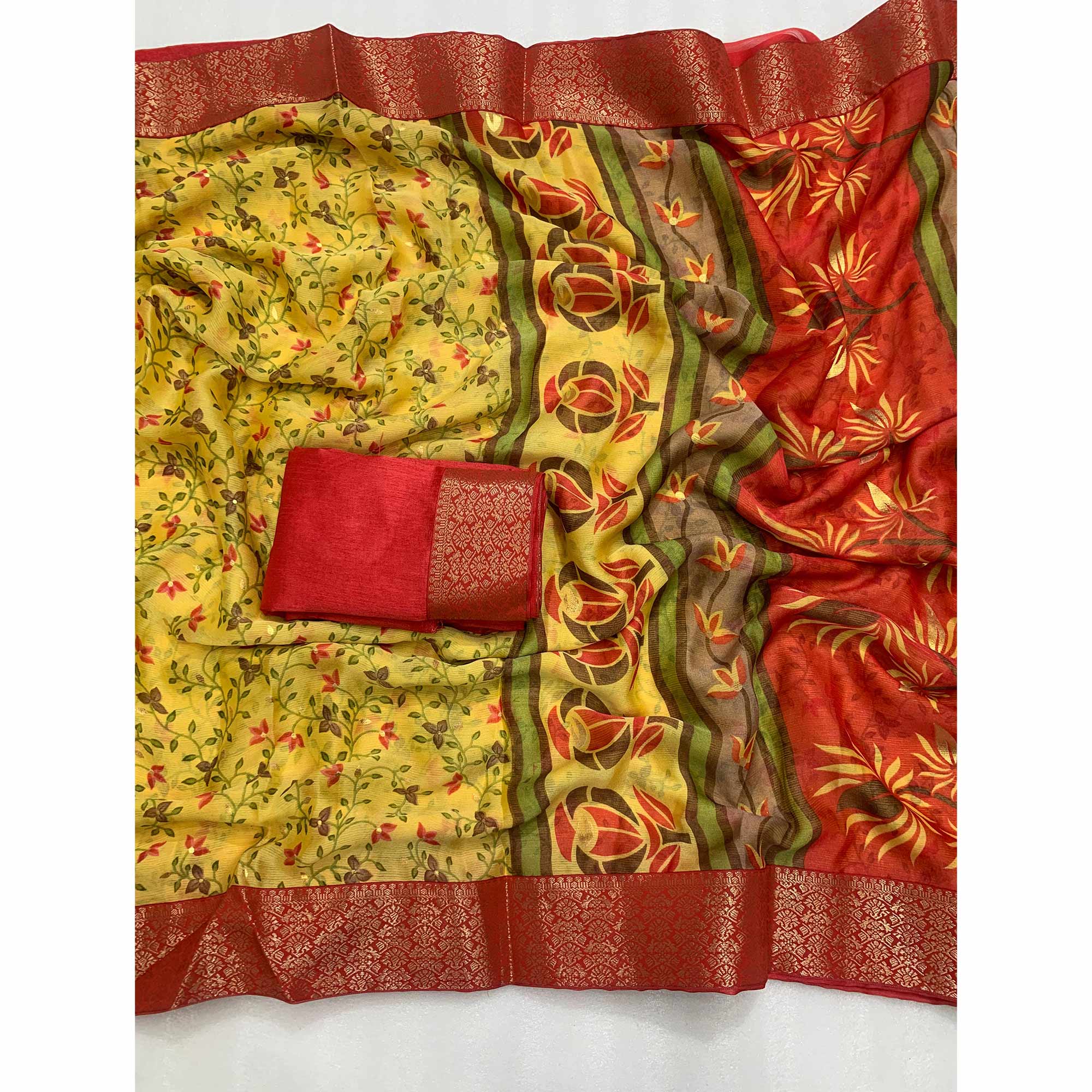 Yellow Floral Foil Printed Chiffon Saree