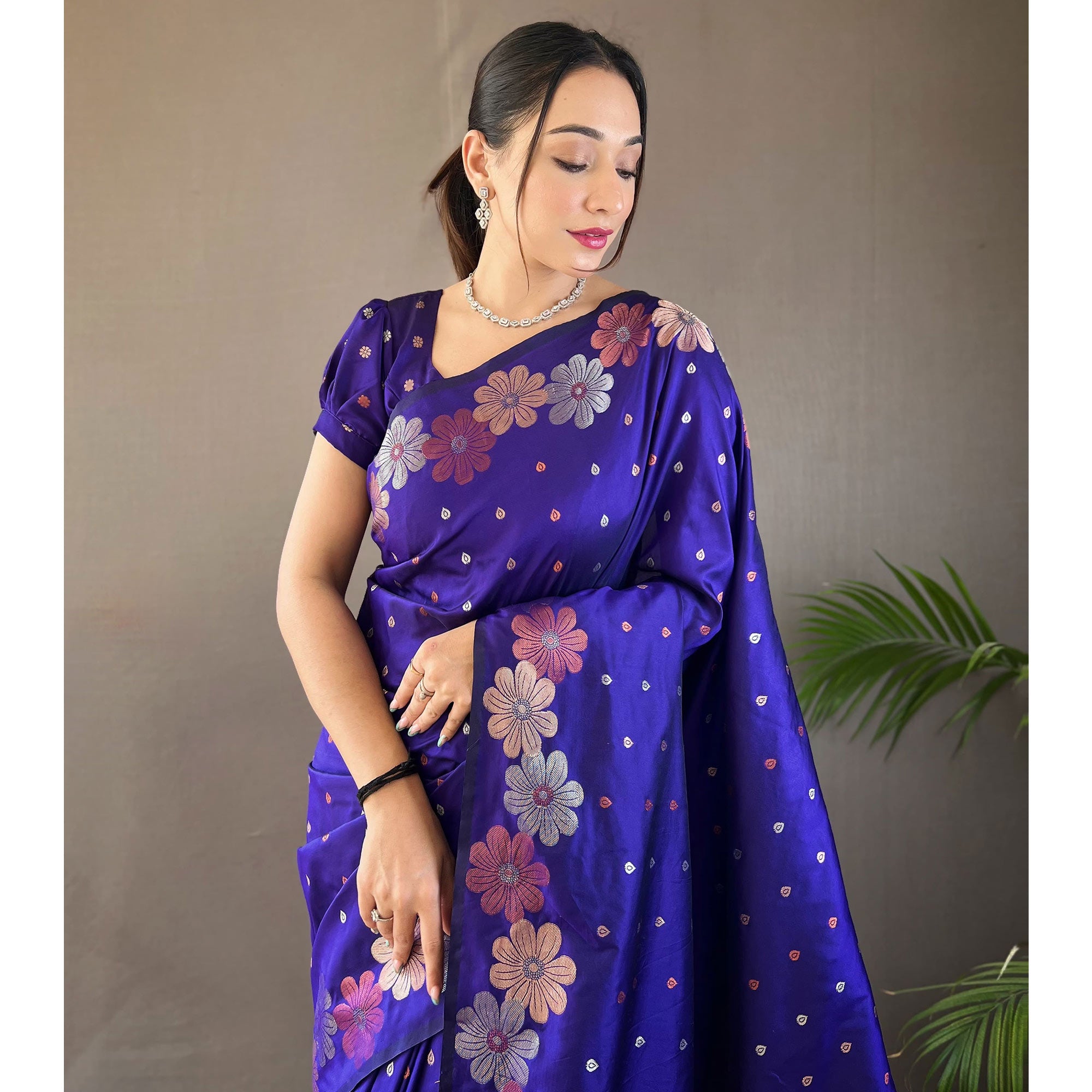Navy Blue Floral Zari Woven Pure Silk Saree