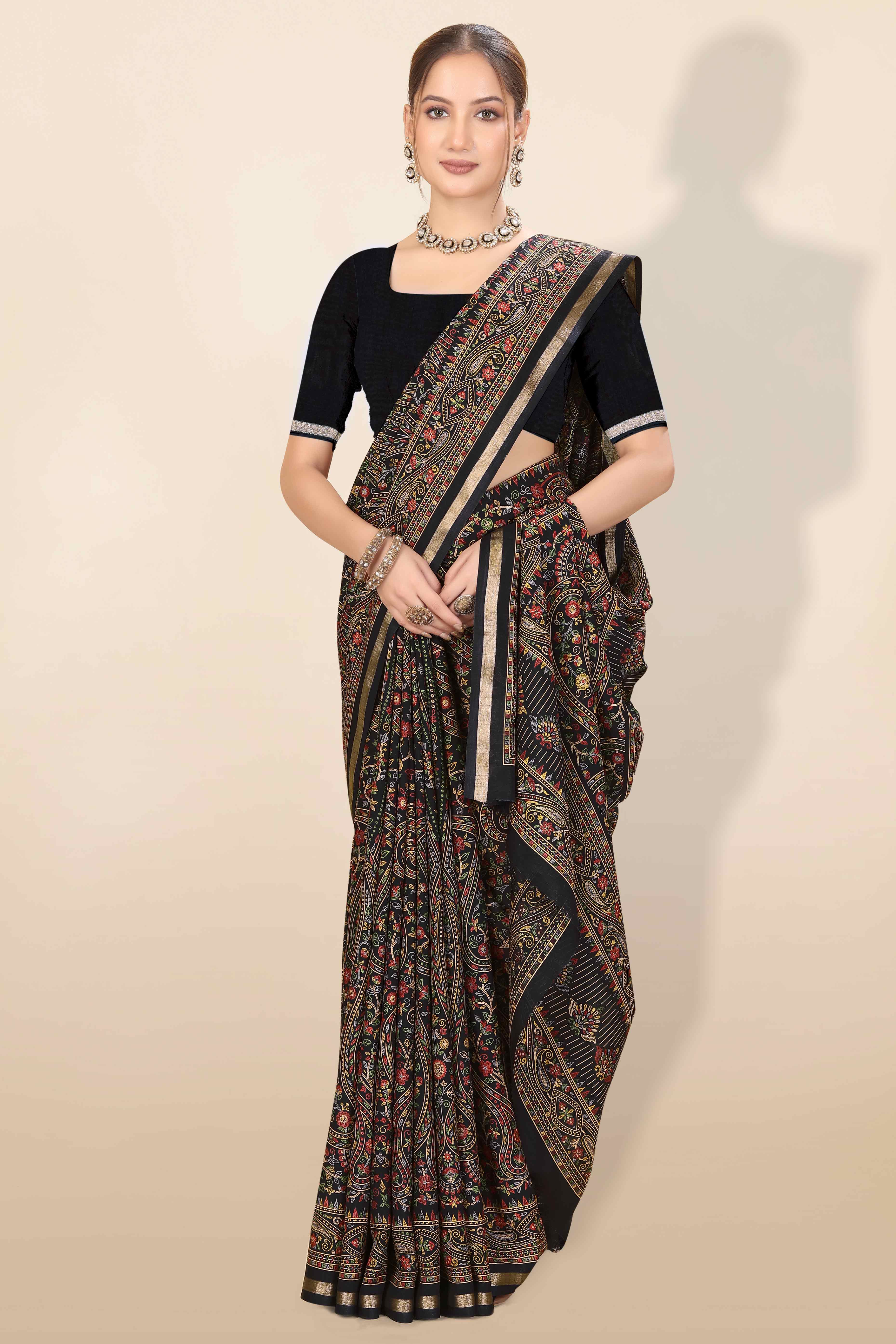 Black Floral Printed Dola Kashmiri Dola Silk Saree Highlighted With Rich Golden Zari Border